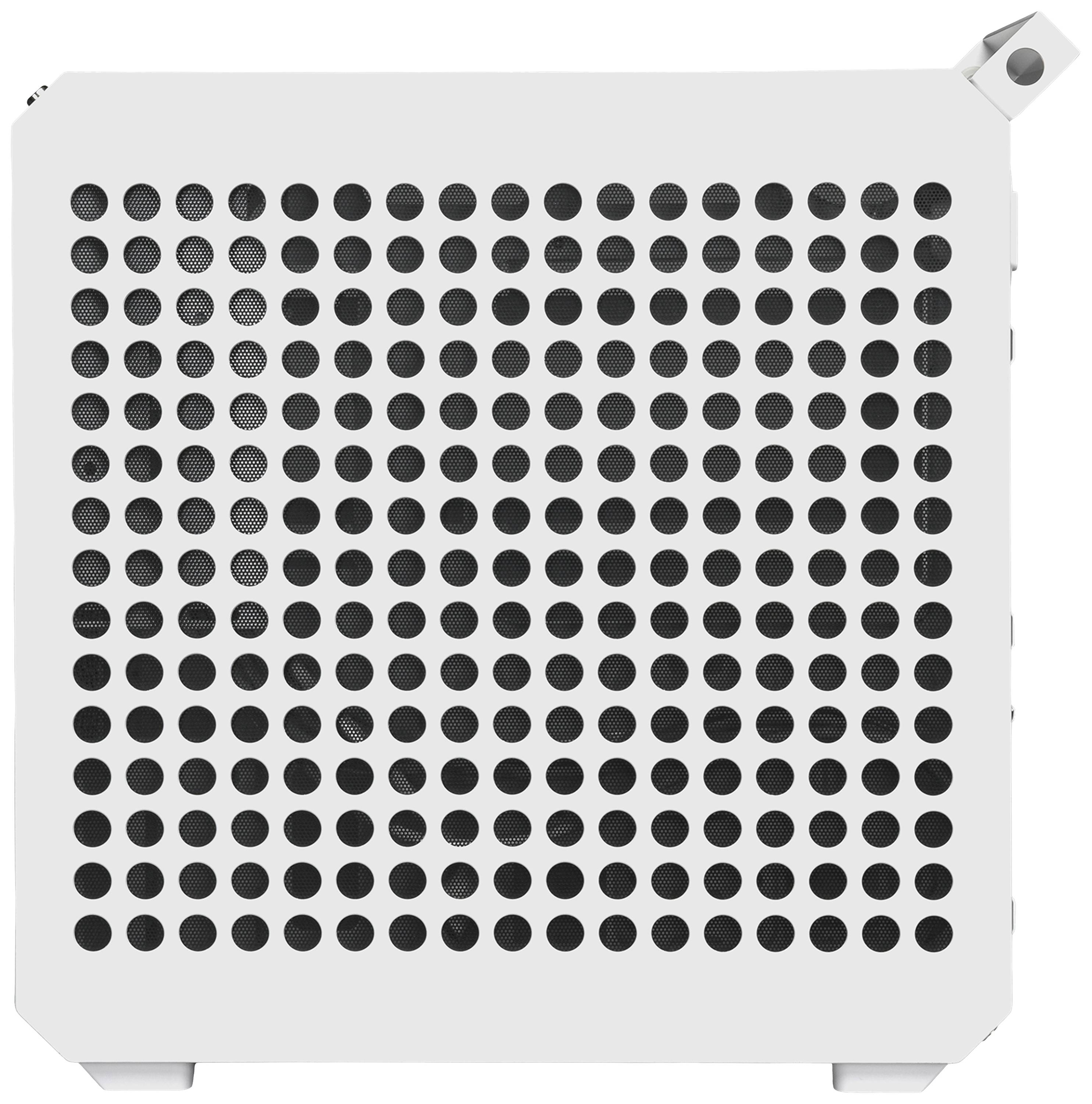 Biała obudowa głośnika z czarnym wzorem kratki, prostokątna z zaokrąglonymi narożnikami.