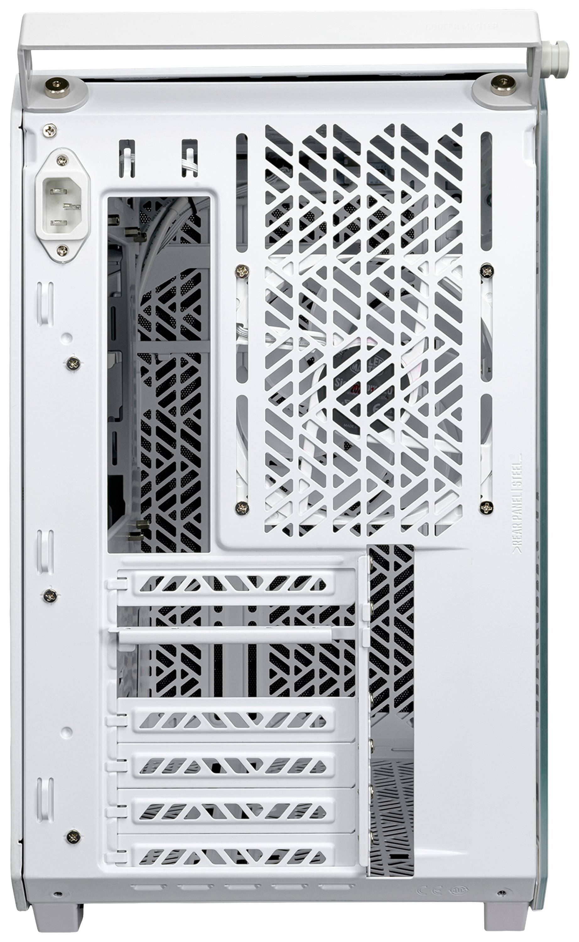 Białą obudowę komputera widzianą od tyłu, z wieloma pustymi portami i kratkami wentylacyjnymi, charakteryzują gniazda rozszerzeń dla kart rozszerzeń.