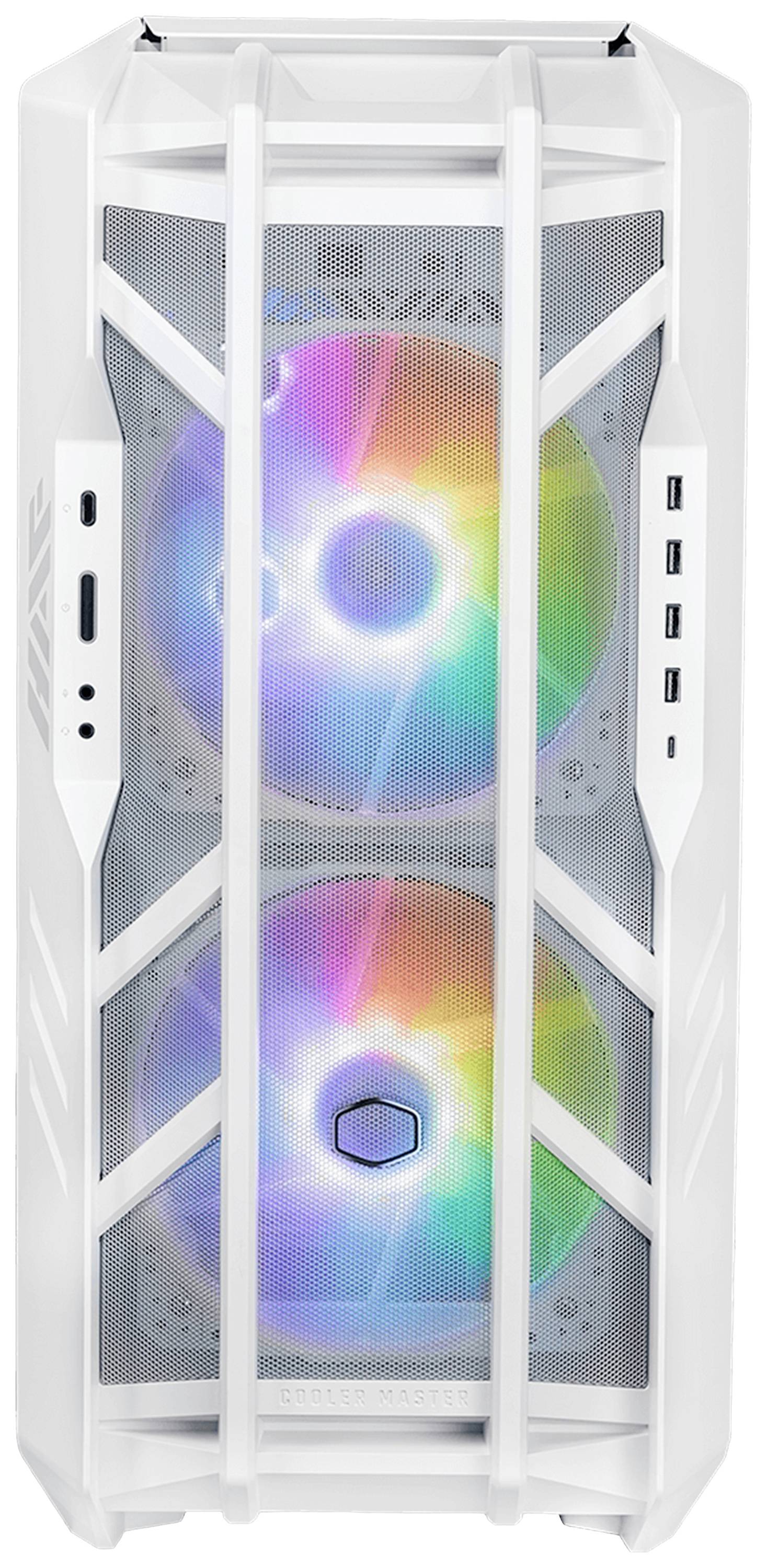 Białe obudowa komputerowa z dwoma dużymi wentylatorami RGB z przodu. Na górze znajdują się złącza USB.