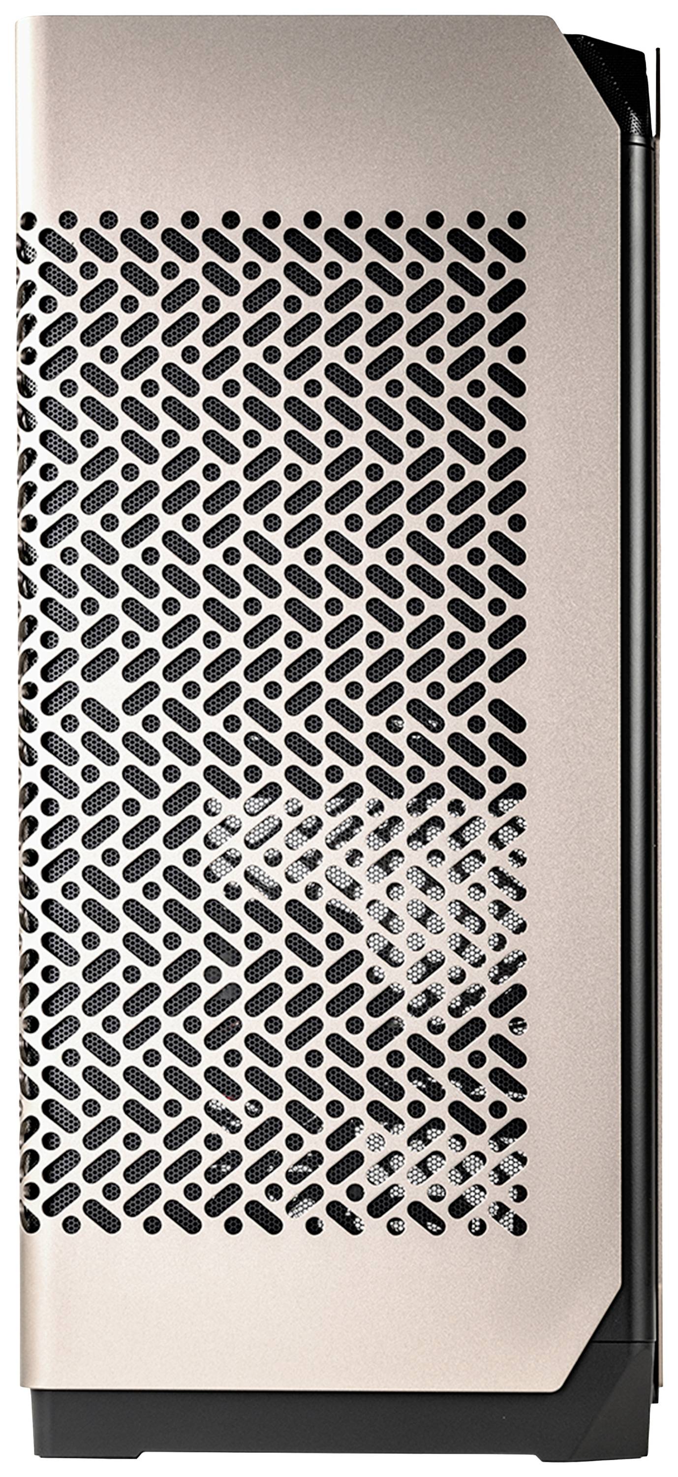 Obudowa komputera w kolorze różowo-złotym z perforowaną przednią ścianką dla wentylacji.