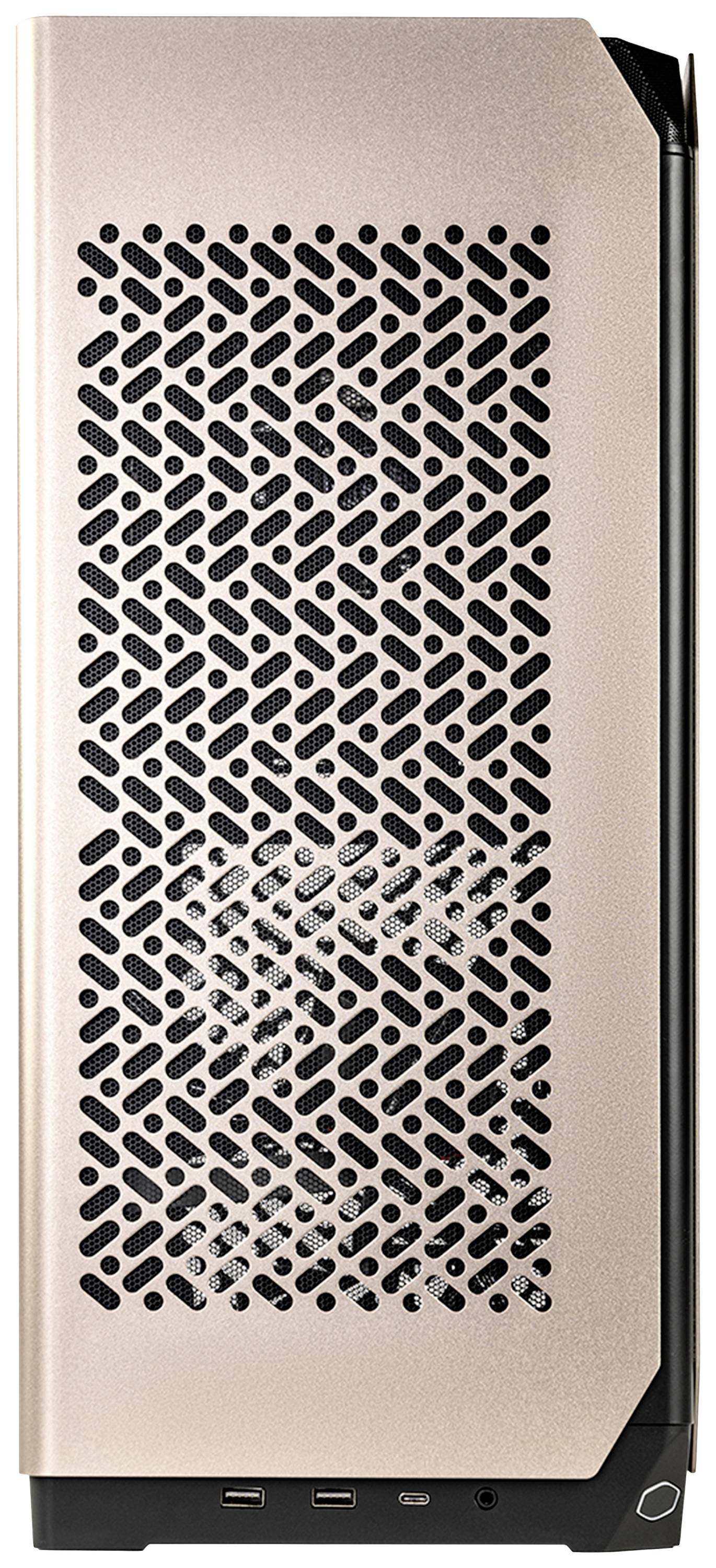 Stylowy obudowa komputerowa w kolorze miedzianym z otworami wentylacyjnymi z przodu. Posiada gniazda USB i audio na dole.