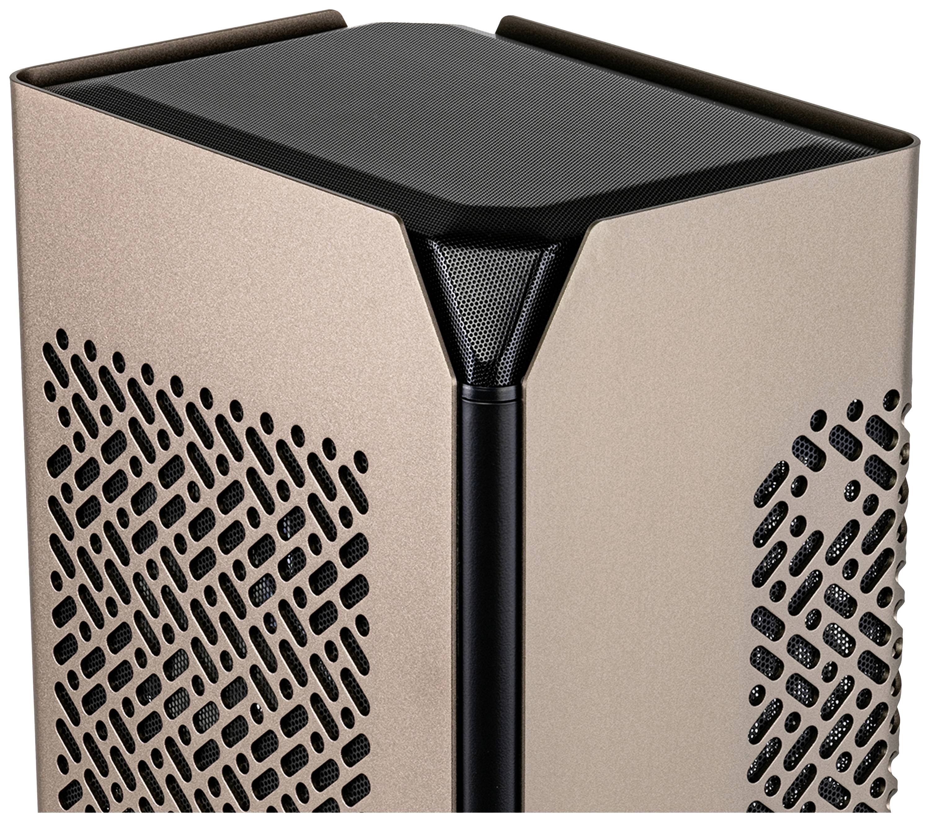 Oczyszczacz powietrza z czarną kratką i obudową w kolorze brązu, prezentujący nowoczesny design i funkcjonalne otwory wentylacyjne.