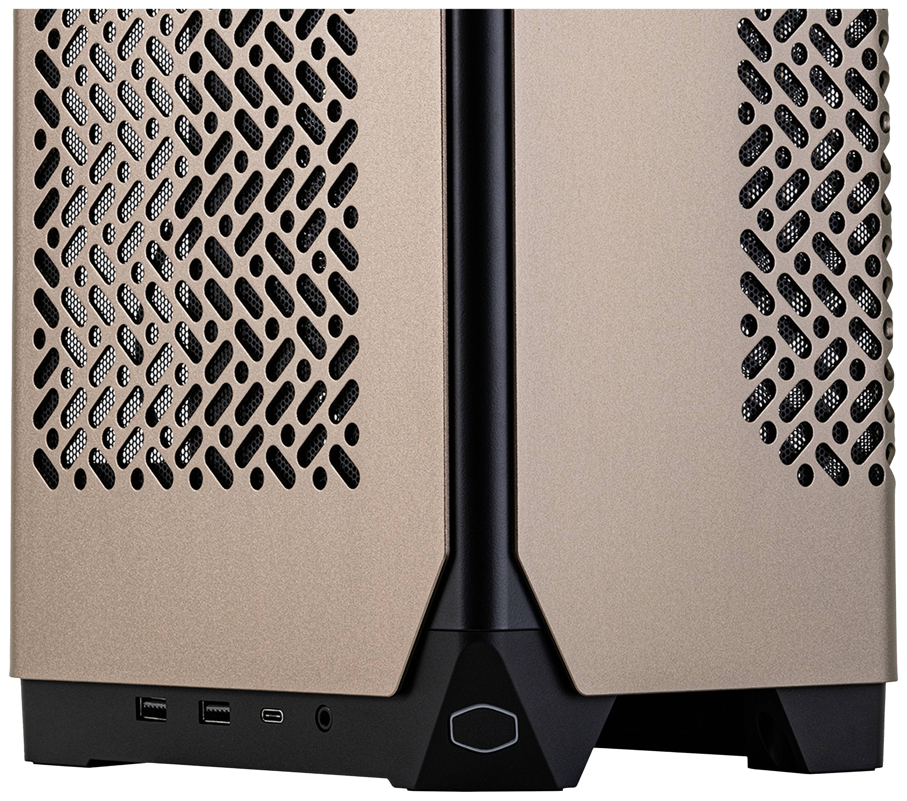 Beżowa, wentylowana obudowa komputera z czarnymi ramkami; widoczne przednie porty USB i audio.
