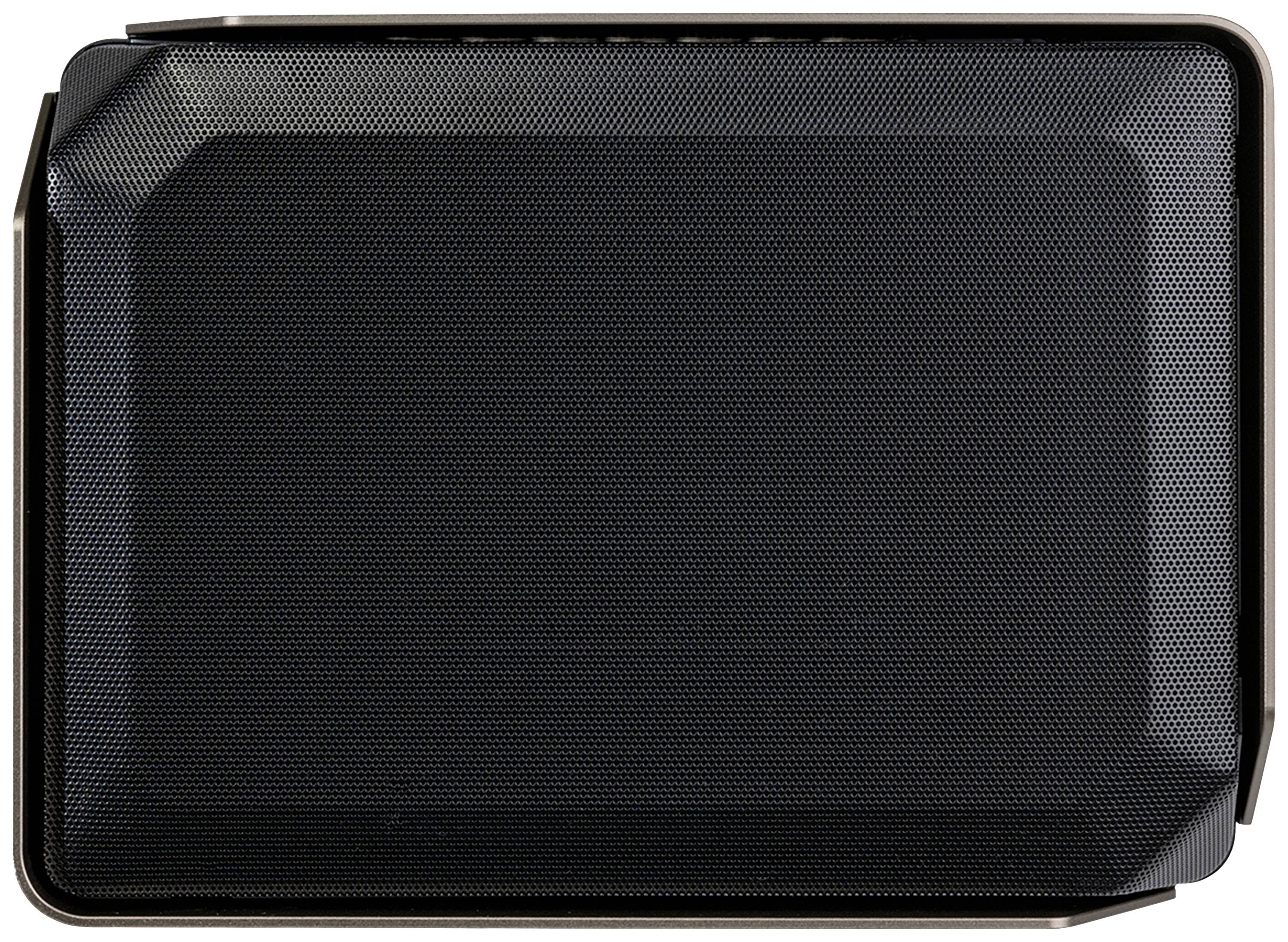 Czarny, prostokątny głośnik z zaokrąglonymi krawędziami i delikatnym wzorem siatki.