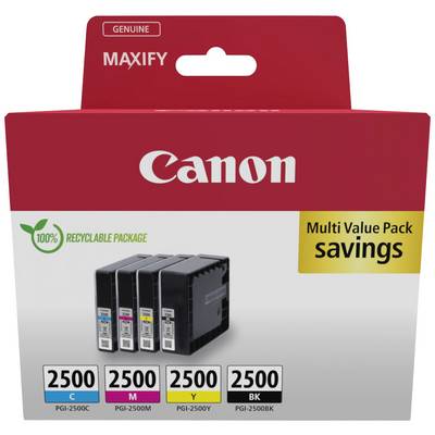 Opakowanie przedstawia patrony drukarskie Canon MAXIFY, nadające się do recyklingu, w kolorach cyjan, magenta, żółty i czarny. Zestaw wielopakowy.