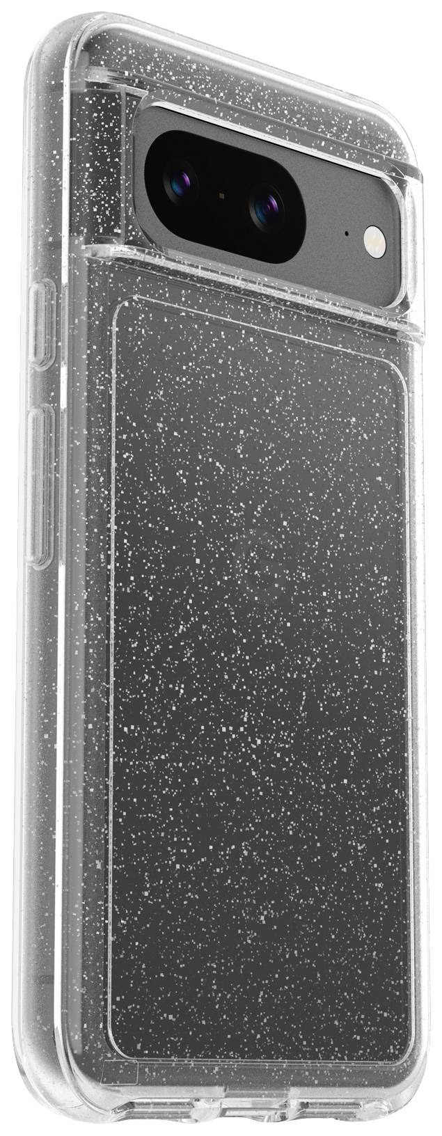 Etui ochronne do smartfona o błyszczącym designie, przezroczyste z brokatowymi cząsteczkami, z widocznym wycięciem na aparat i przyciskami bocznymi.