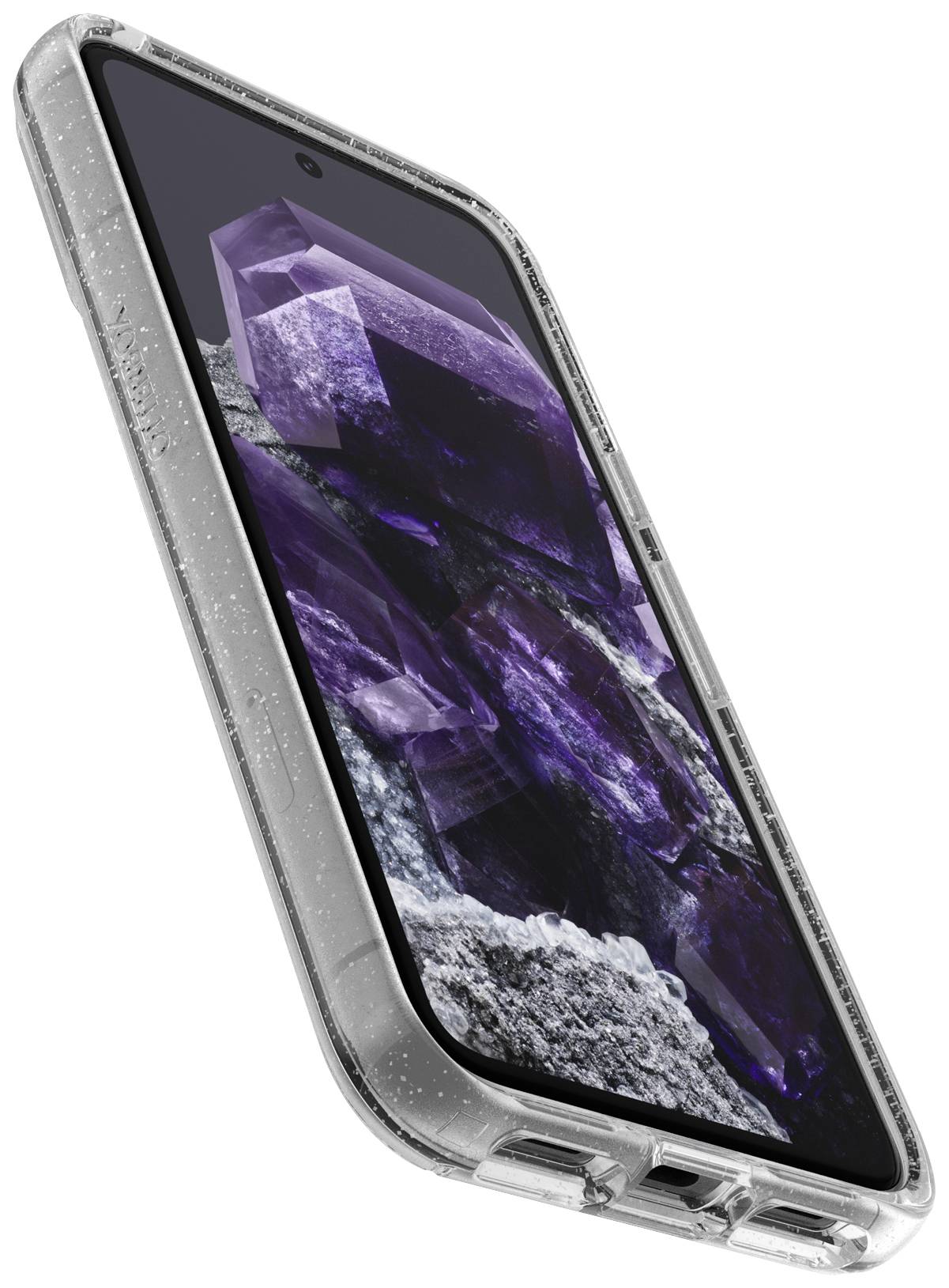 Smartfon w przezroczystej obudowie z fioletowym wzorem kryształowym na wyświetlaczu.