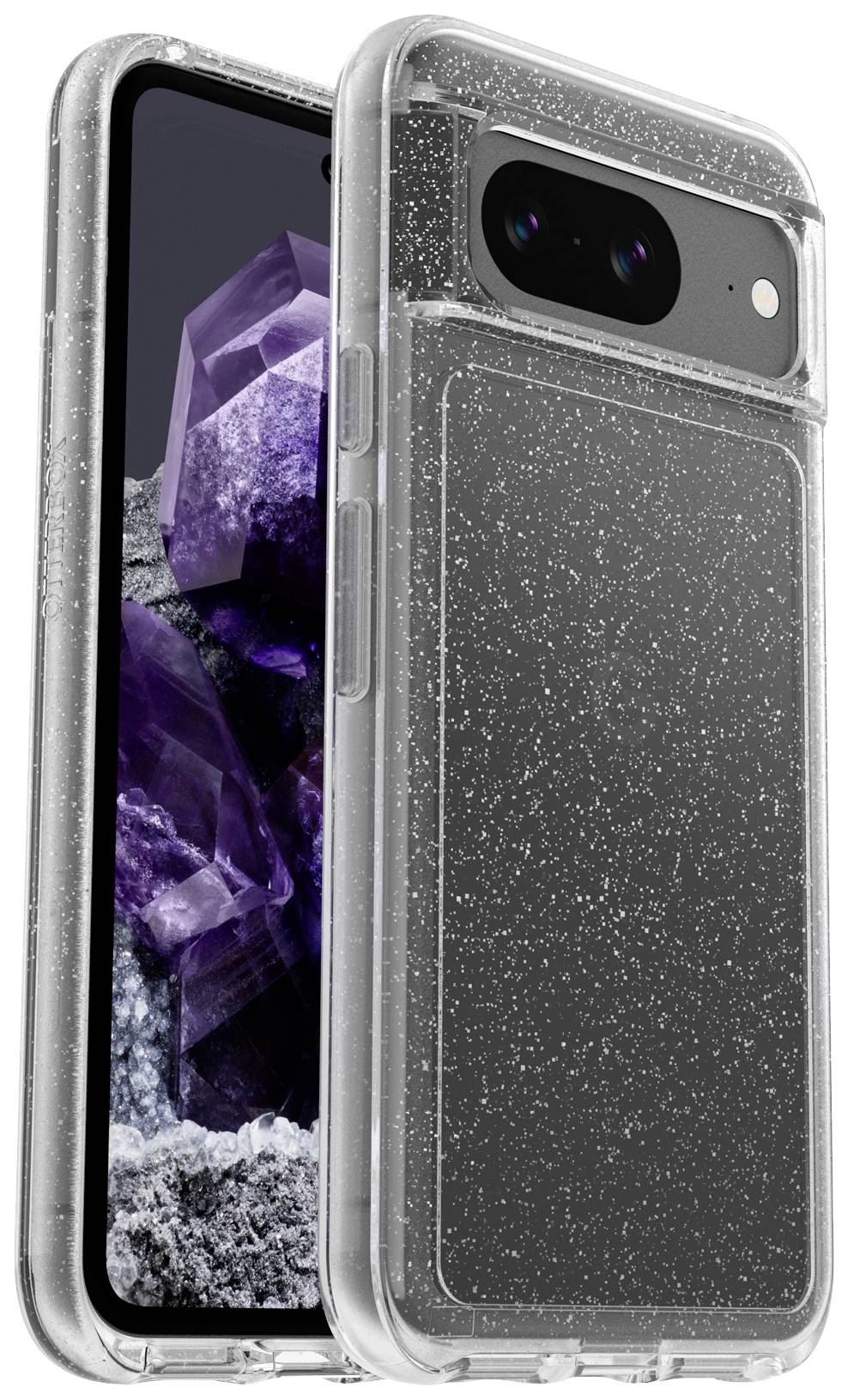 Smartfon w przezroczystej, brokatowej obudowie. Widoczny tył i aparat. Wyświetlacz pokazuje fioletową, kryształopodobną grafikę.