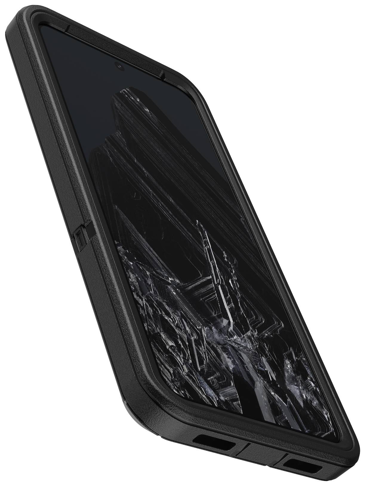 Smartfon sfotografowany pod skosnym kątem z pękniętym ekranem. Wyświetlacz jest rozbity i nie działa.