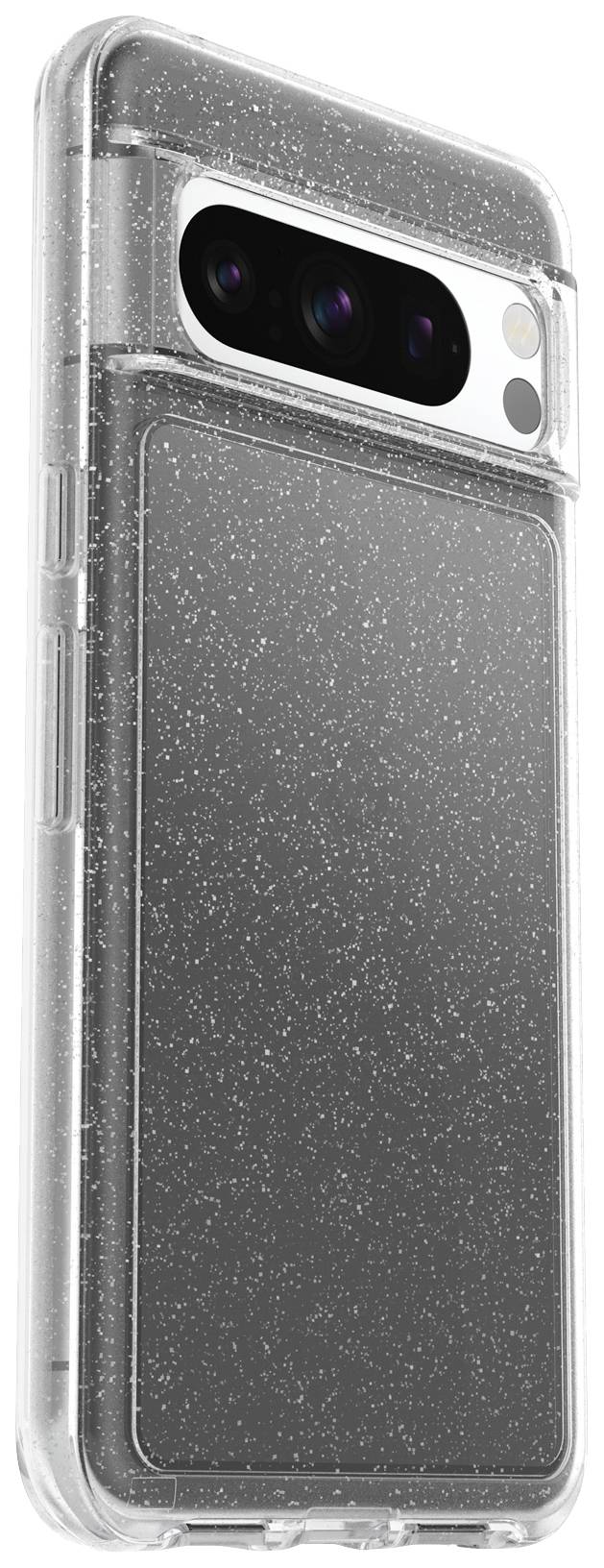 Przezroczyste etui na telefon z brokatowym efektem, zapewniające ochronę smartfona. Tylna część i obiektywy aparatu pozostają widoczne.