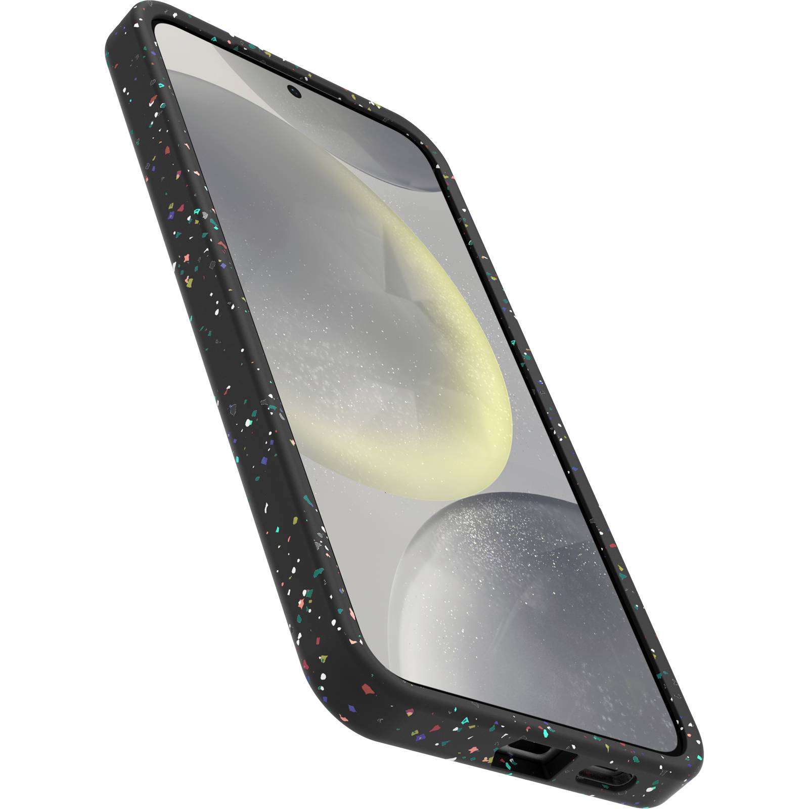 Smartfon z czarną obudową, która posiada kolorowe plamki. Ekran wyświetla abstrakcyjny wzór w odcieniach szarości i żółci.