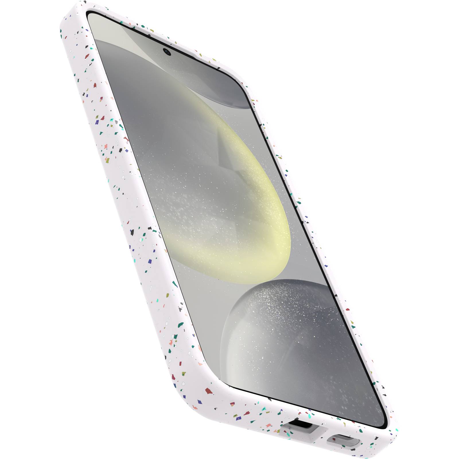 Smartfon z białą, nakrapianą obudową. Na ekranie widać abstrakcyjne, jasne kształty na szarym tle.