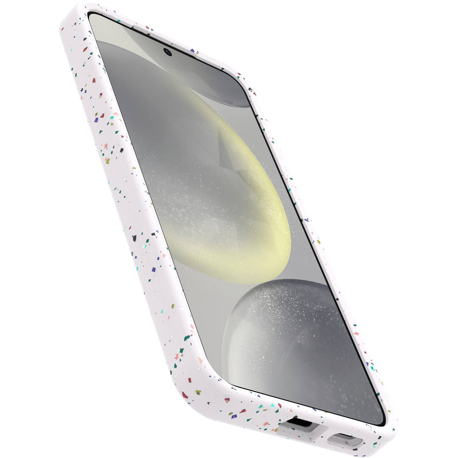 Smartfon z białą obudową, w kolorowe plamki. Wyświetla ciemny ekran z abstrakcyjnymi kształtami.