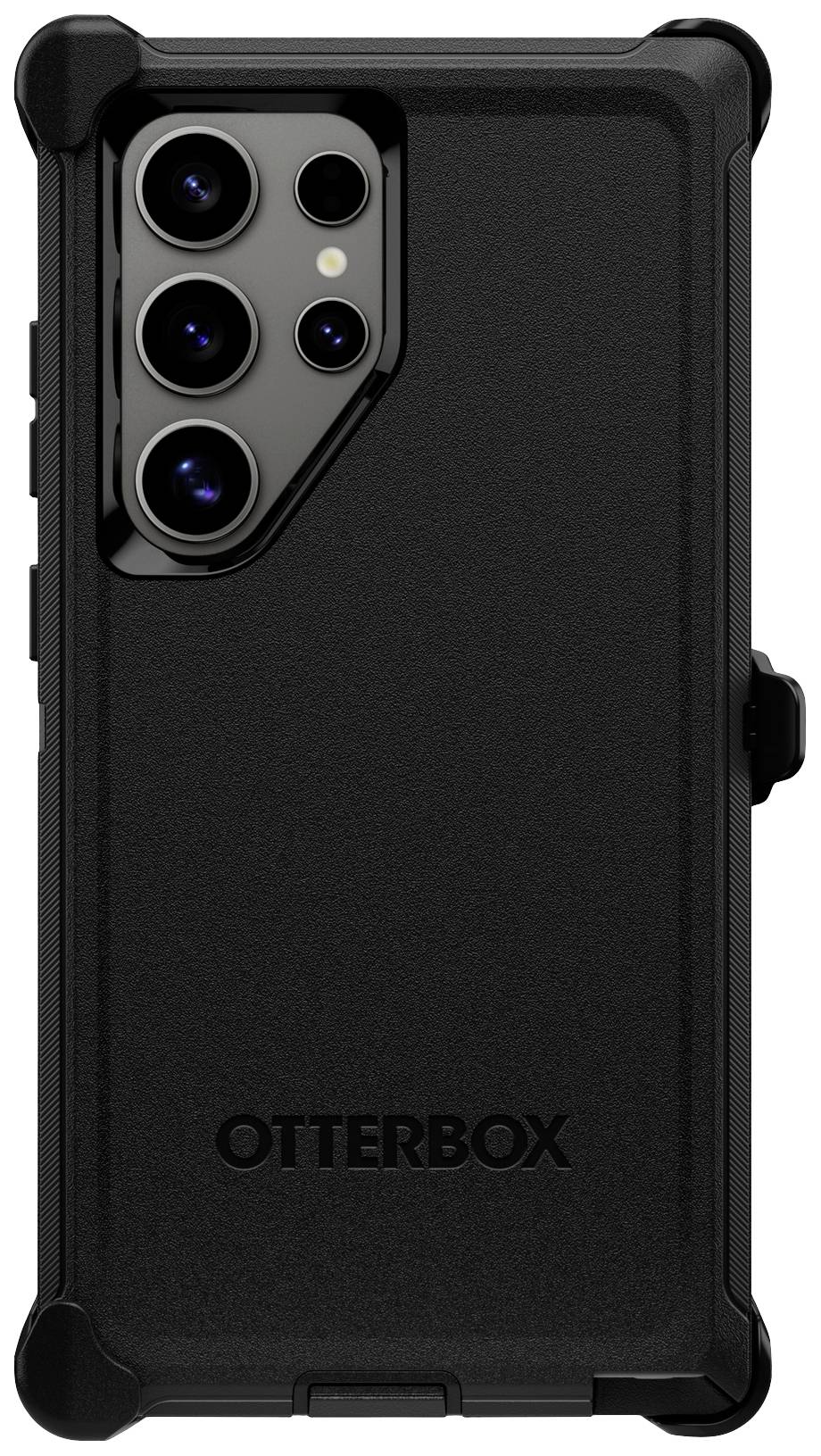Czarny smartfon w wytrzymałej obudowie firmy Otterbox. Etui posiada wzmocnione krawędzie zapewniające dodatkową ochronę.