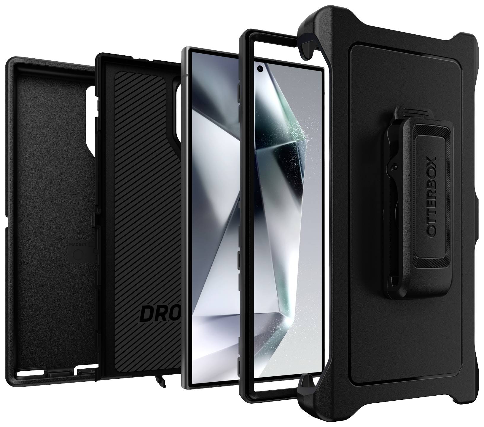 'Widok rozstrzelony wytrzymałej obudowy telefonu komórkowego z wieloma warstwami, pokazujący zabezpieczenie oraz uchwyt do paska.'