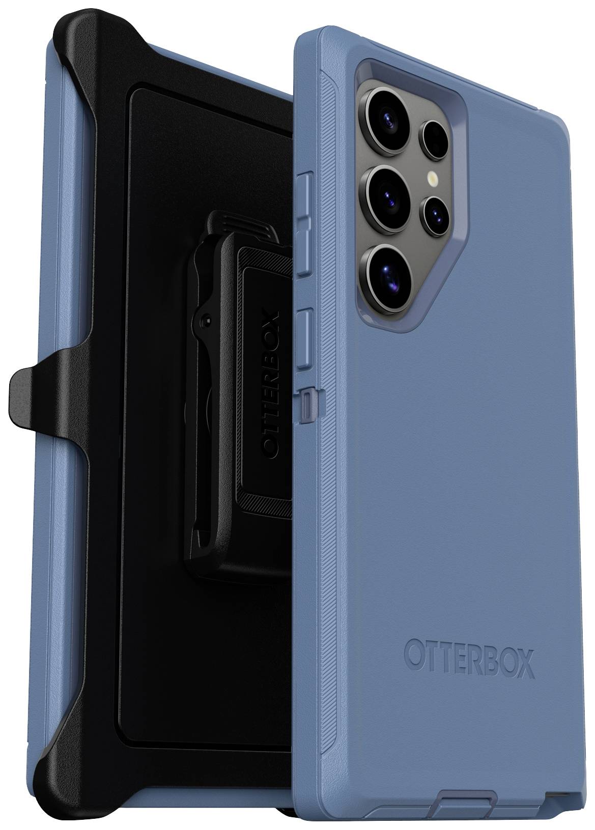 Niebieski telefon z wytrzymałym etui OtterBox i podstawką, dopasowany do modelu z trzema obiektywami aparatu. Idealny pod względem ochrony i stabilności.