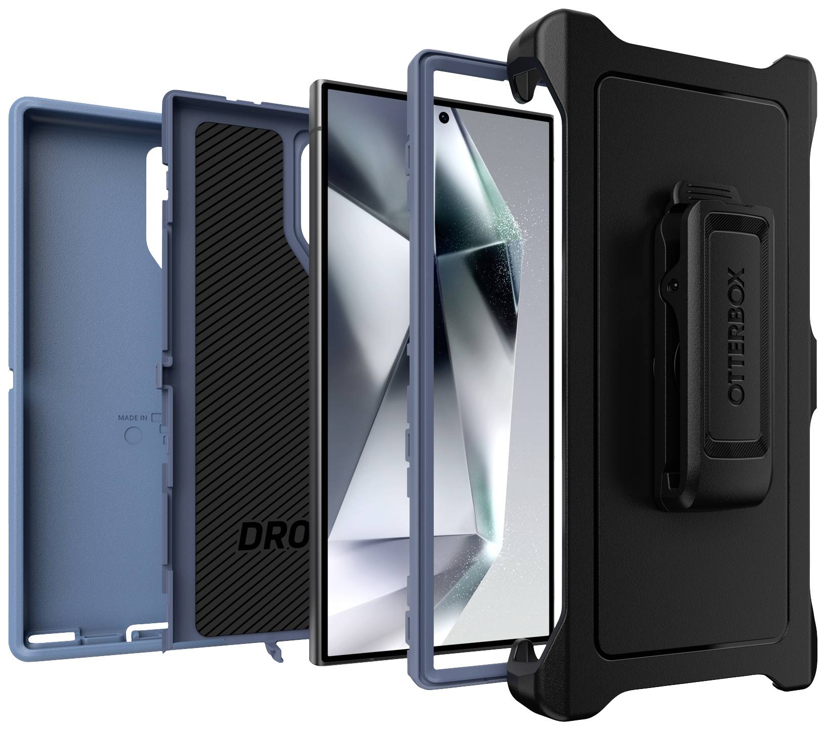 Etui na telefon z wielowarstwową ochroną, w tym przezroczysta nakładka, czarna wytrzymała obudowa zewnętrzna oraz uchwyt z klipsem.