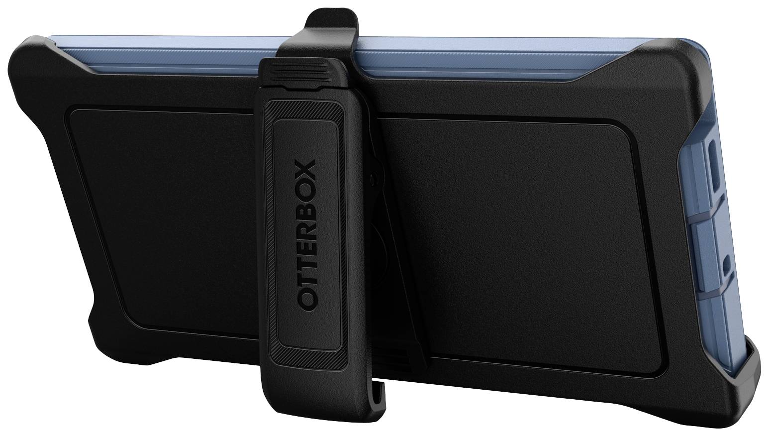 Czarna obudowa ochronna na smartfona firmy "Otterbox" z wbudowaną podstawką, która umożliwia umieszczenie urządzenia w pozycji poziomej.