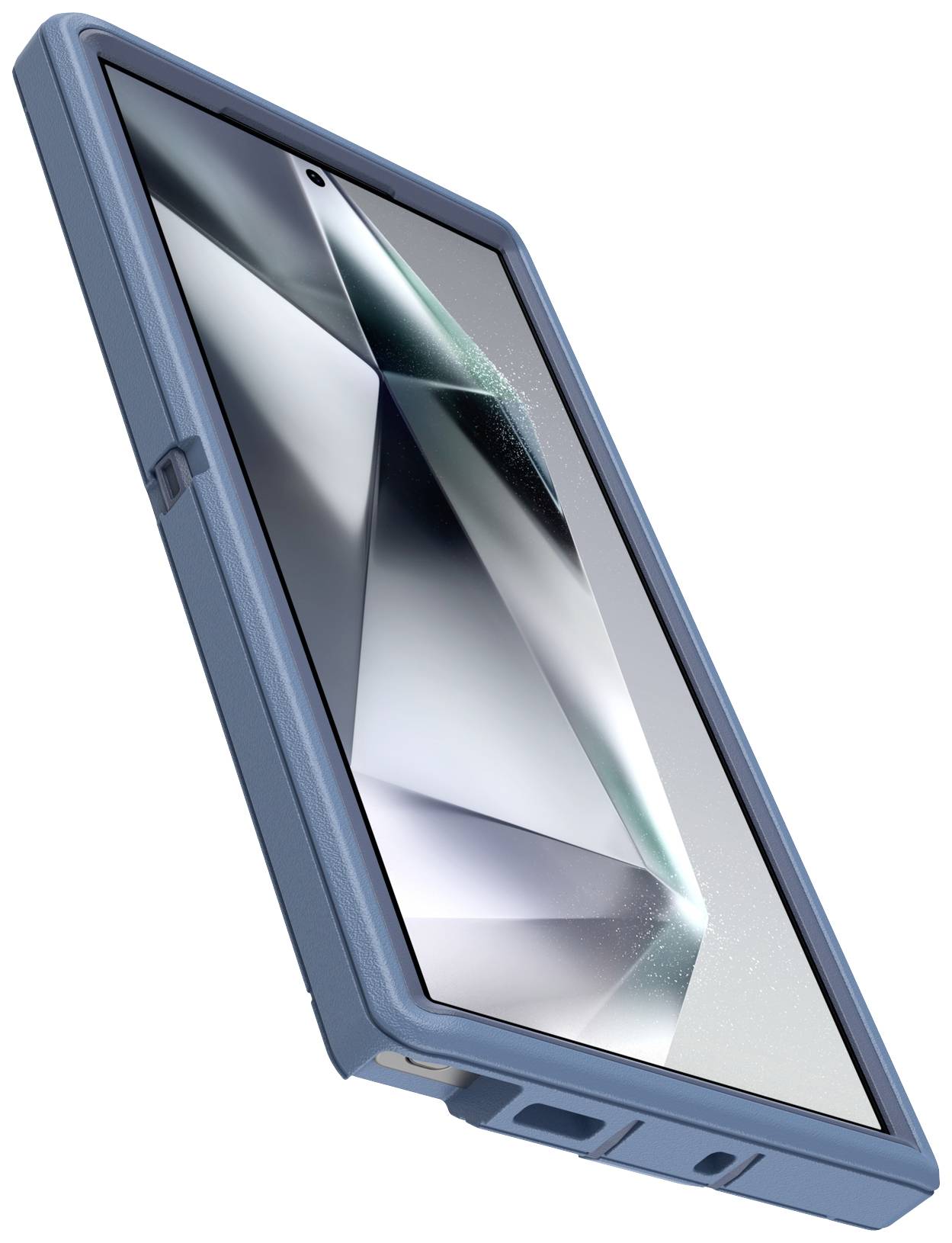 Smartfon w niebieskim etui, sfotografowany pod skosnym kątem z boku, prezentuje lśniący, nowoczesny ekran.