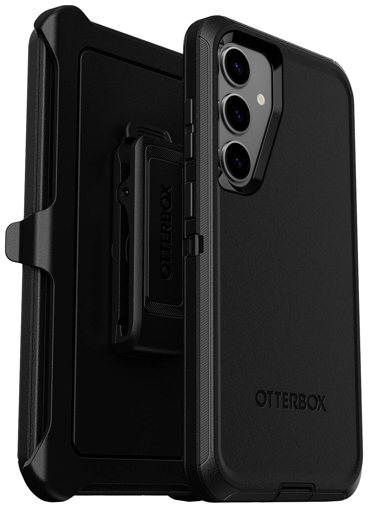 Czarny zestaw etui OtterBox z podstawką, prezentujący wytrzymałą obudowę ochronną z trzema otworami na aparat.