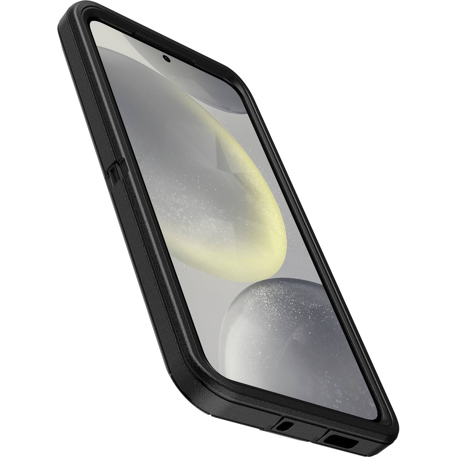 Obraz przedstawia nowoczesny smartfon w solidnej, czarnej obudowie, lekko pochylony, z tłem złożonym z szarych i żółtych kształtów na ekranie.