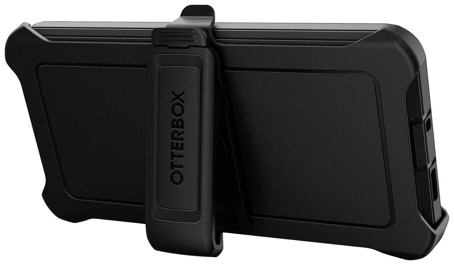 Czarne etui OtterBox na telefon z wbudowaną podstawką do korzystania w trybie poziomym.