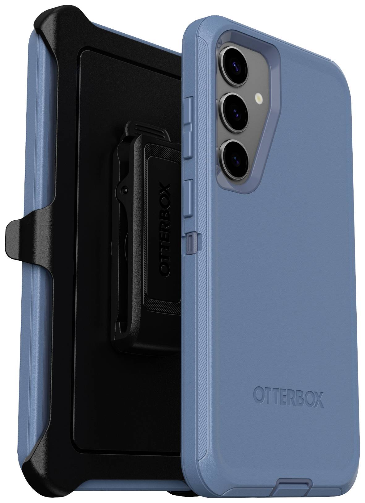 Niebieski smartfon z potrójnym aparatem w wytrzymałej obudowie firmy OtterBox, prezentowany z czarnym klipsem do paska.