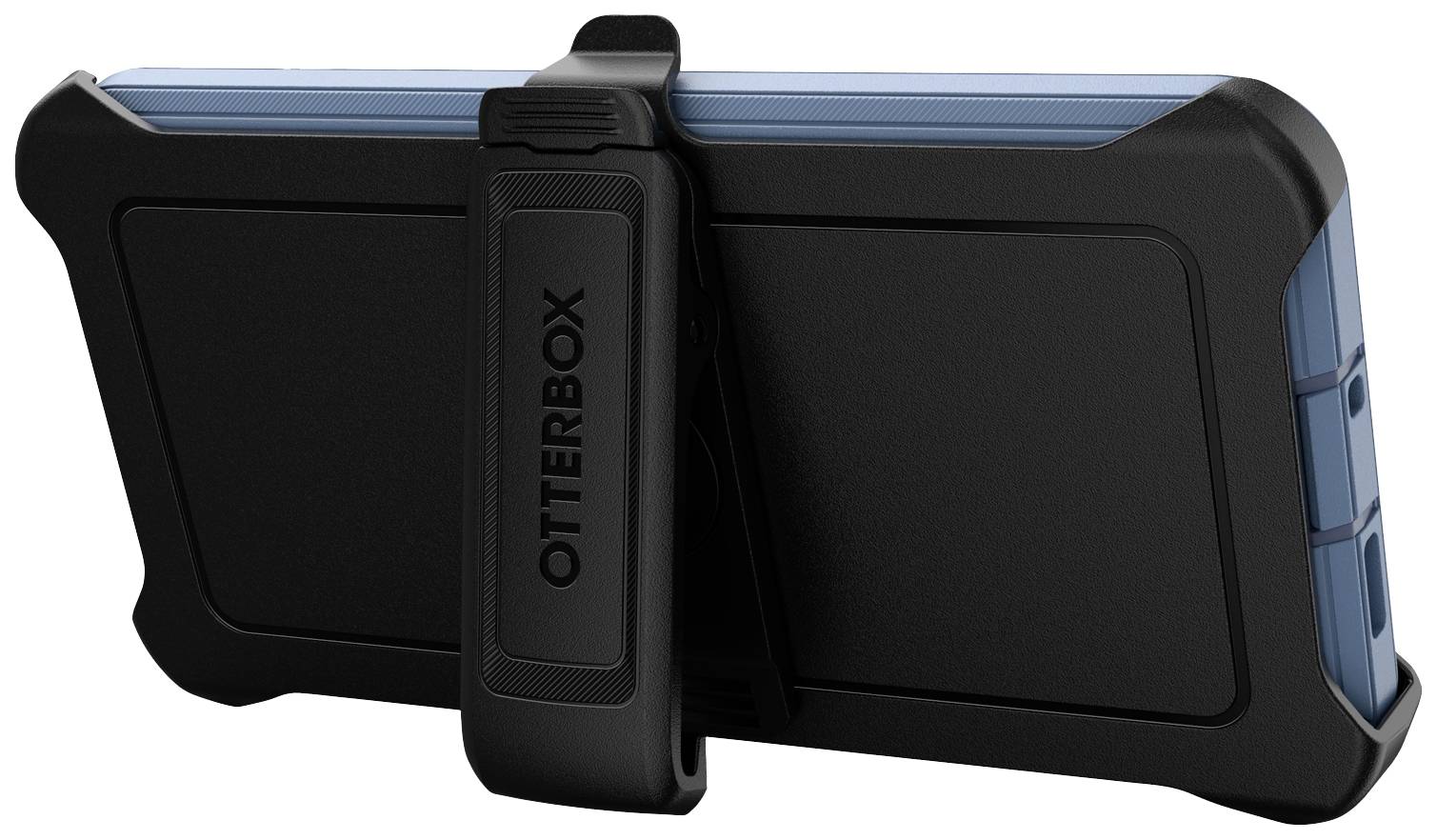 Czarny futerał na smartfona z niebieskim obramowaniem stoi pionowo w stabilnym, czarnym uchwycie, na którym widnieje napis 'Otterbox'.