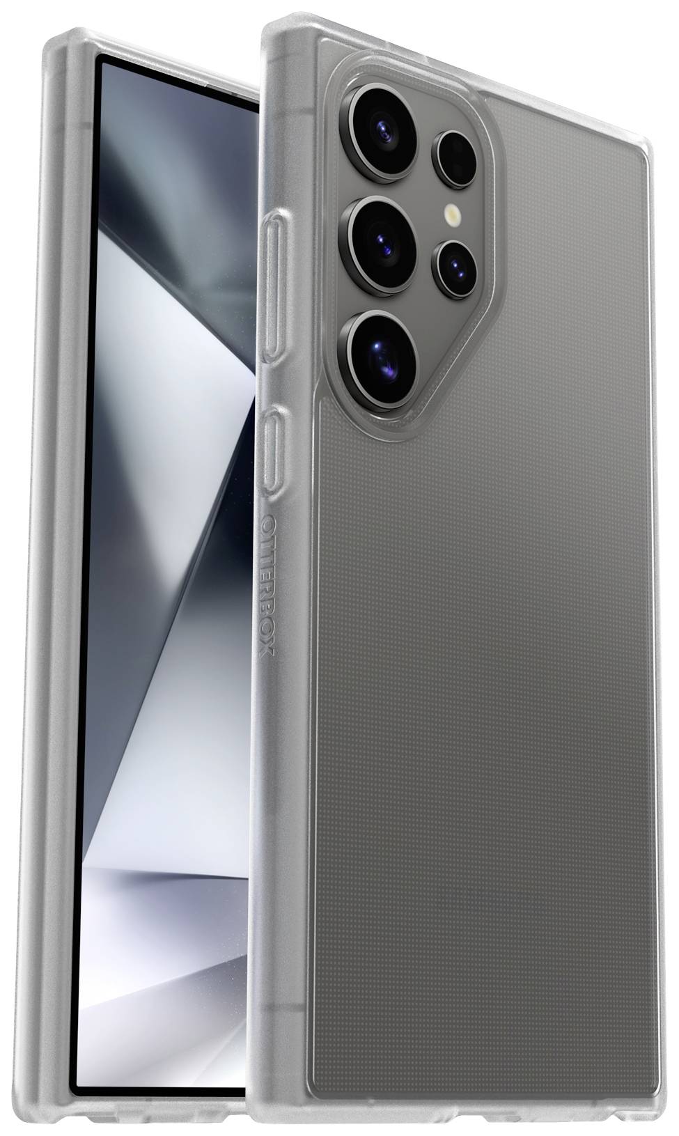 Smartfon z przezroczystą obudową ochronną, prezentujący cztery tylne aparaty i ekran bez ramek.