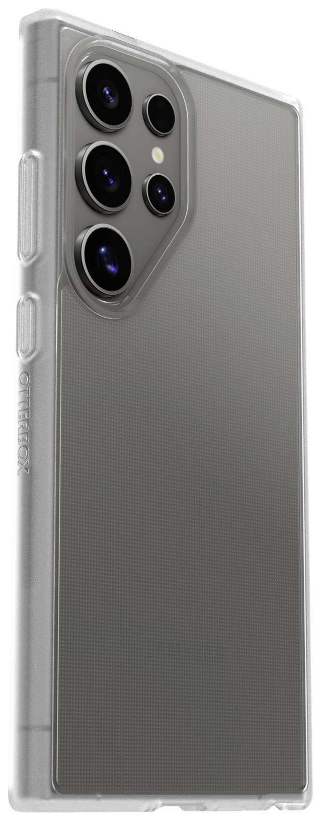 Smartfon z przezroczystą obudową ochronną obejmującą tylną część i obrzeża obiektywów aparatu, sfotografowany na białym tle.