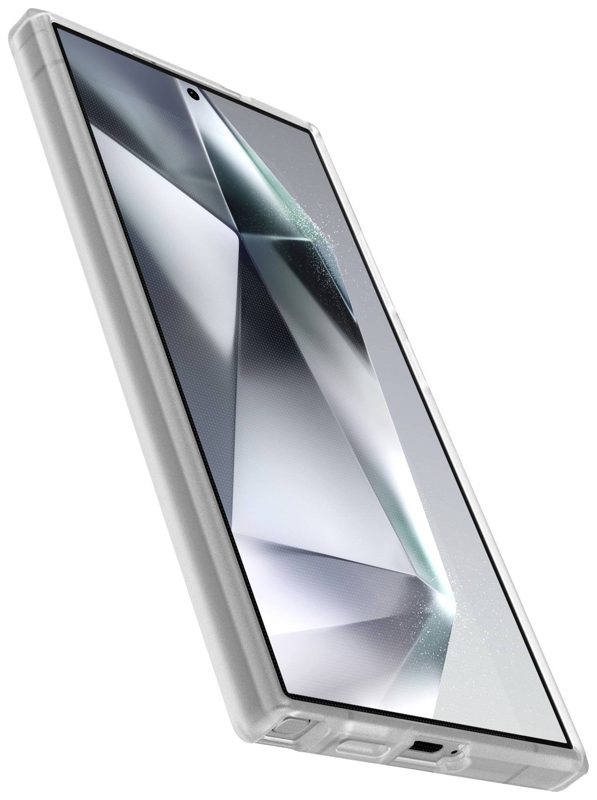 Smartfon o kanciastej stylistyce i błyszczącym ekranie, obudowa w jasnoszarym kolorze. Widok z boku, nacisk na design i linię nadwozia.