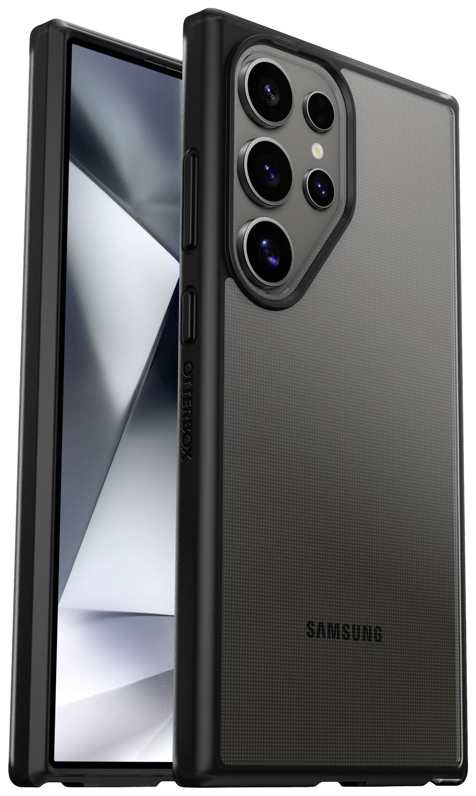 Smartfon w czarnej obudowie ochronnej, z charakterystycznym aparatem tylnym i logo 'SAMSUNG'. Odbicia światła podkreślają elegancki design.