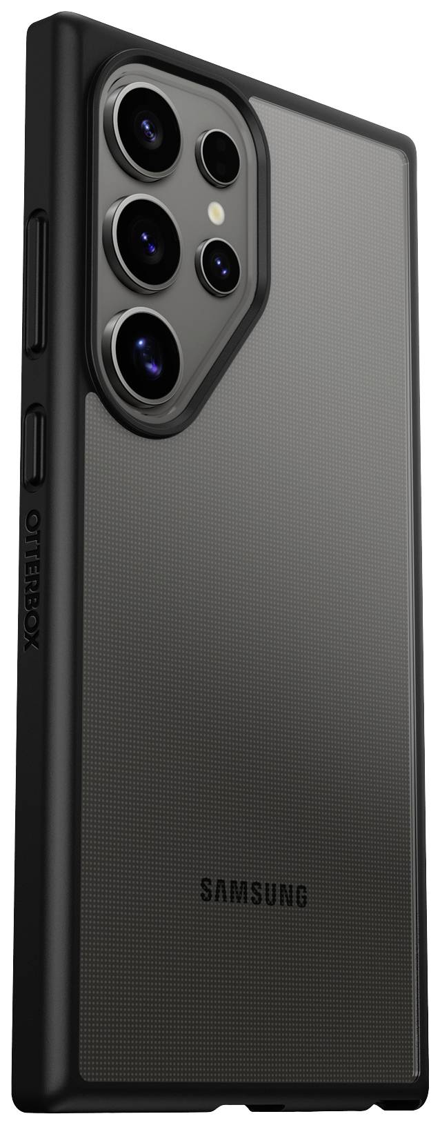 Czarny smartfon z etui, na którym widoczne są obiektywy aparatu. Wydrukowane są nazwy marek 'Samsung' i 'Otterbox'.
