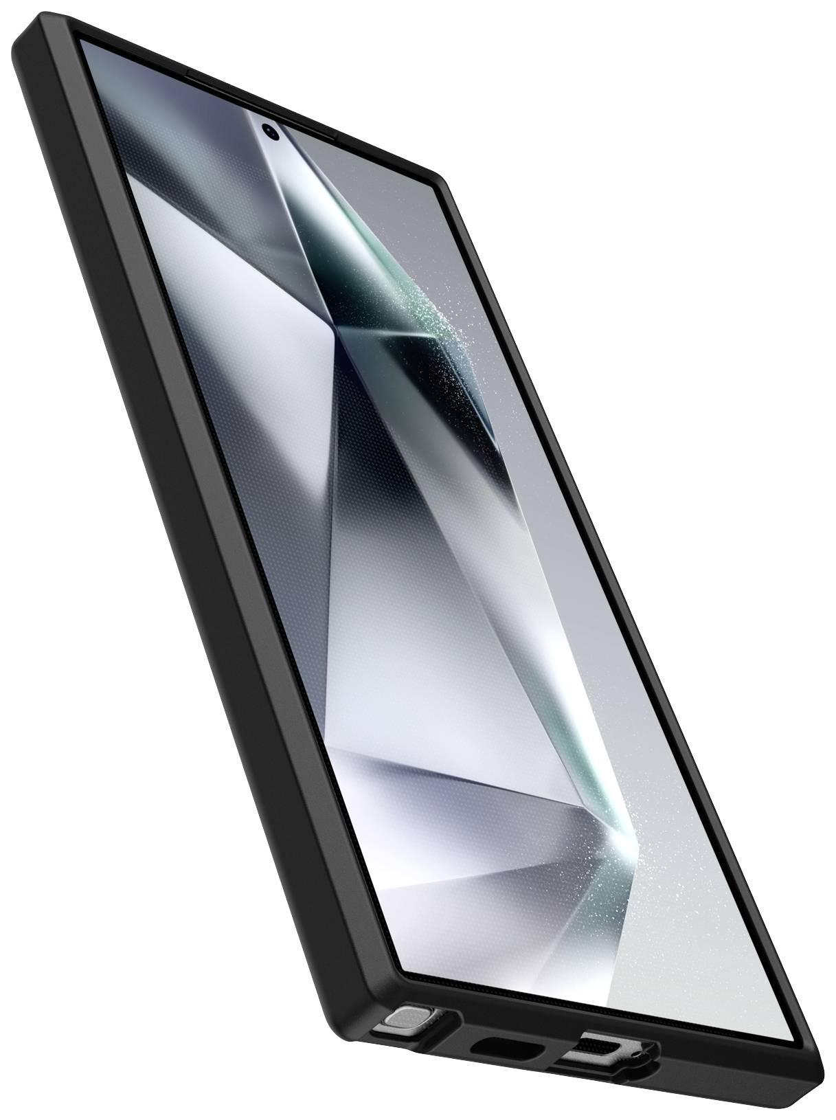 Nowoczesny smartfon o kanciastej stylistyce, gładkim ekranie oraz obiektywie aparatu umieszczonym centralnie na górze urządzenia.