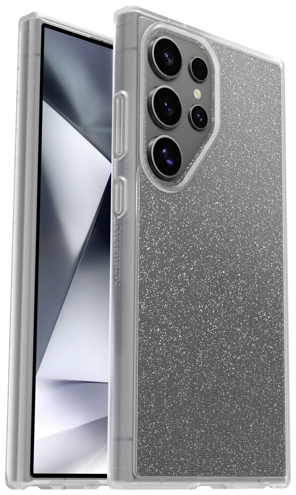 Przezroczyste etui ochronne do smartfona, z tyłu ozdobione błyszczącym wzorem i wycięciami na obiektywy aparatu.