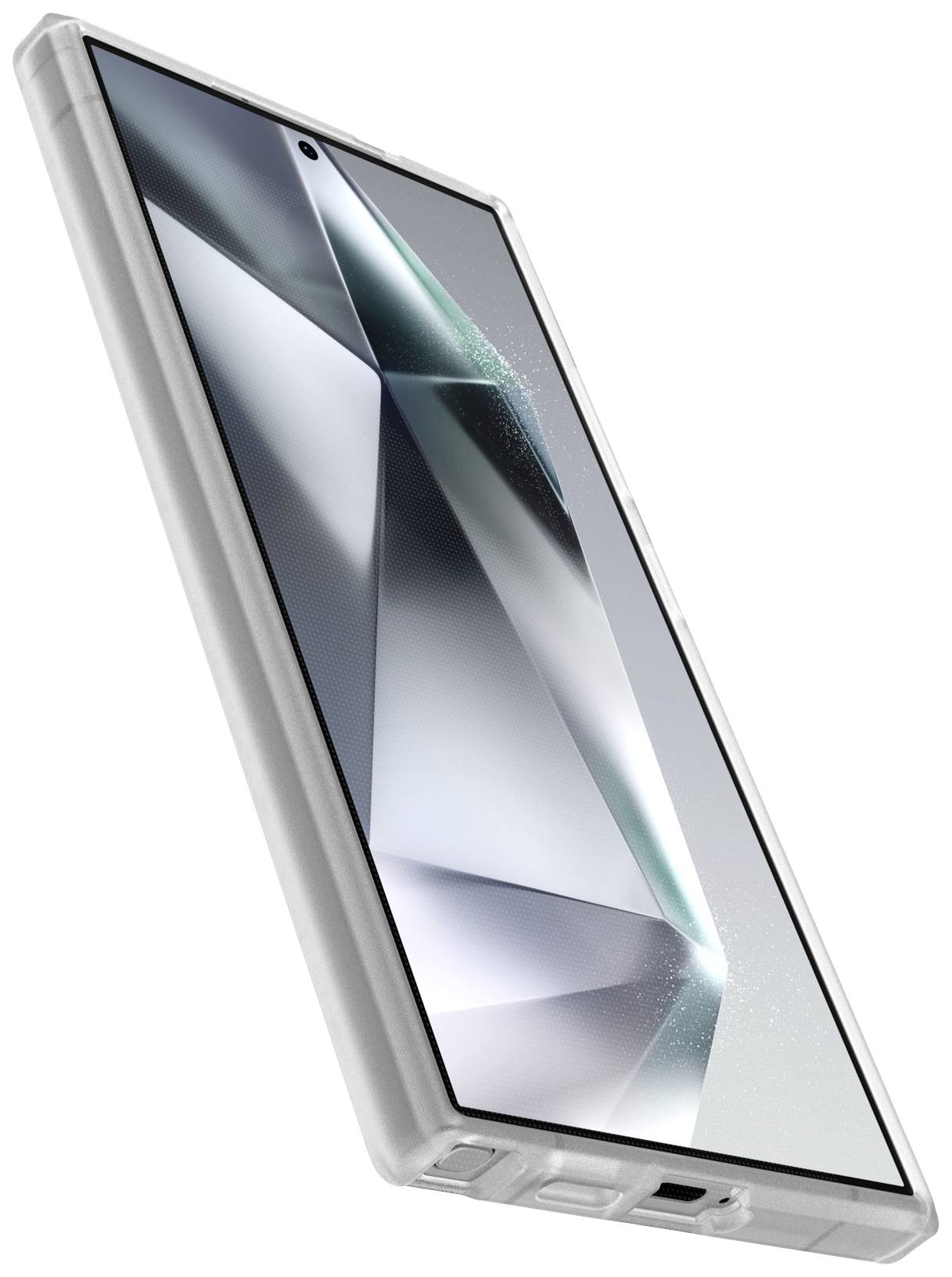 Smartfon z nowoczesnym, geometrycznym wzorem na ekranie. Ujęcie pod skosem, prezentujące stylową obudowę.