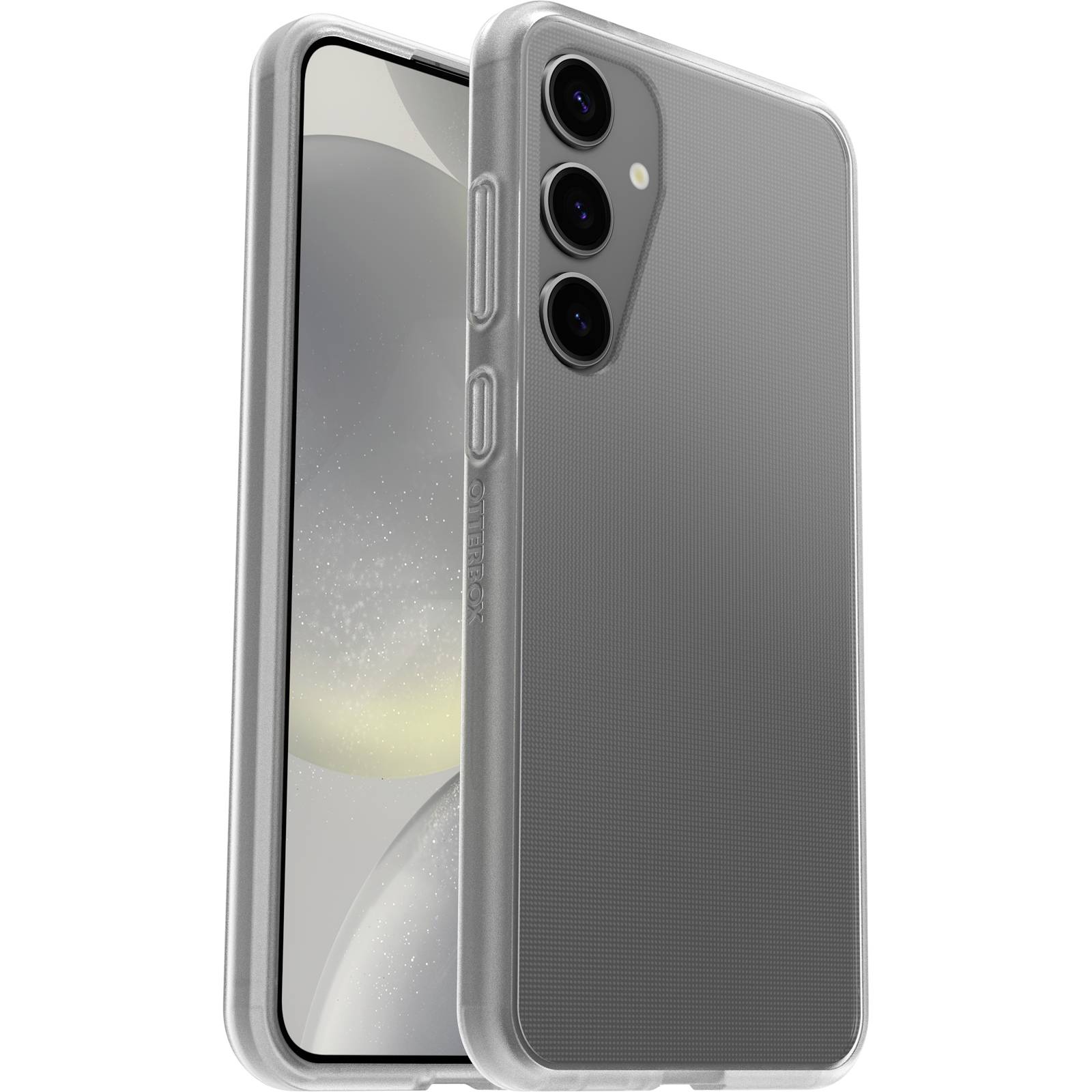 Smartfon z przezroczystą obudową ochronną. Tylna strona prezentuje trzy obiektywy aparatu. Przednia strona posiada duży wyświetlacz.