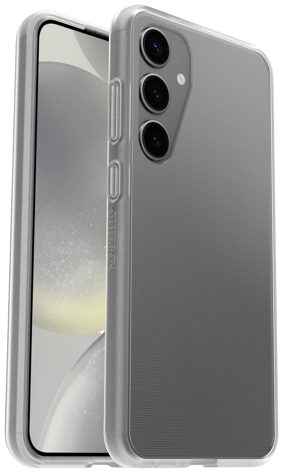 Smartfon w przezroczystej obudowie ochronnej z trzema obiektywami aparatu z tyłu, pokazany z boku i od tyłu.