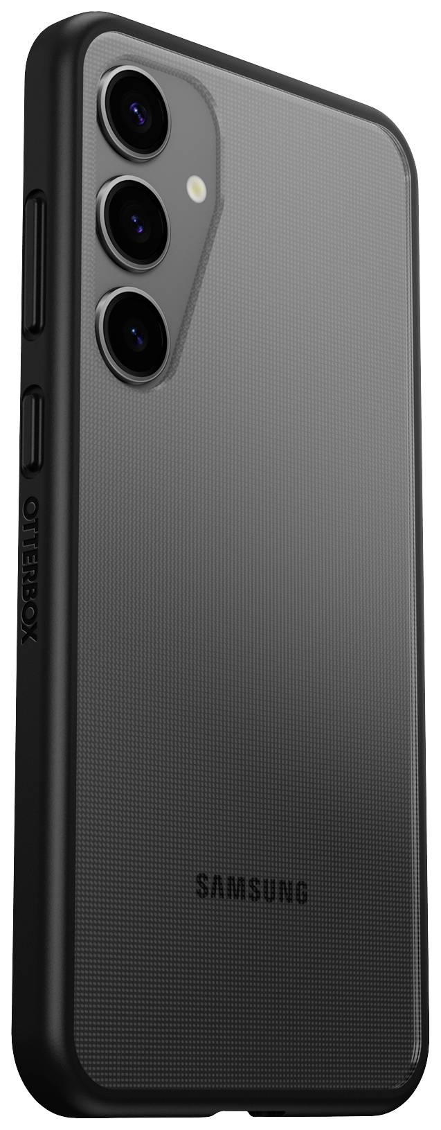 Smartfon z trzema obiektywami aparatu z tyłu, nazwa marki 'Samsung' u dołu; czarne etui ochronne firmy 'OtterBox'.