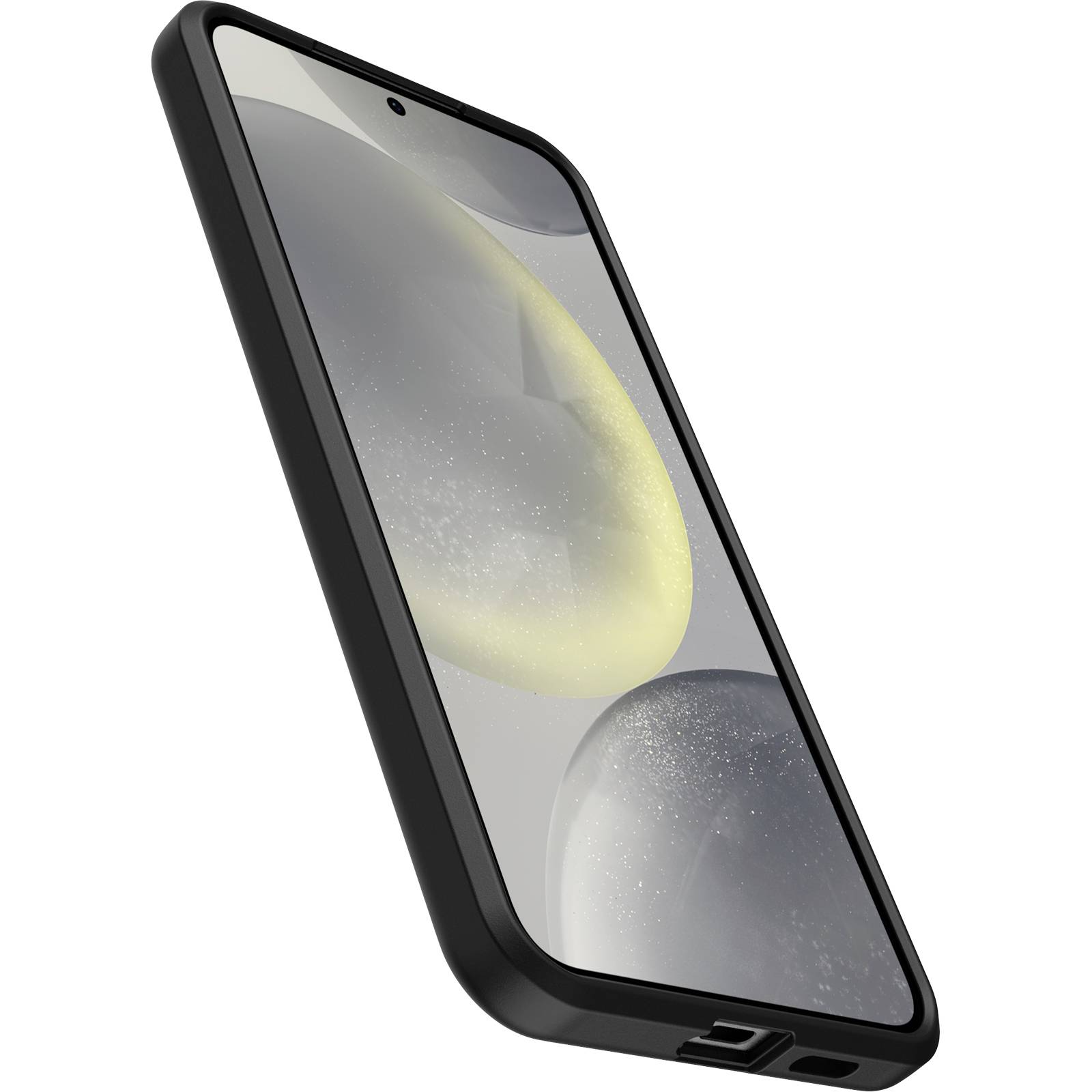 Smartfon w czarnej obudowie ochronnej, przedstawiony pod lekkim kątem. Na ekranie widoczny jest abstrakcyjny obraz ze szarymi i żółtymi kształtami.