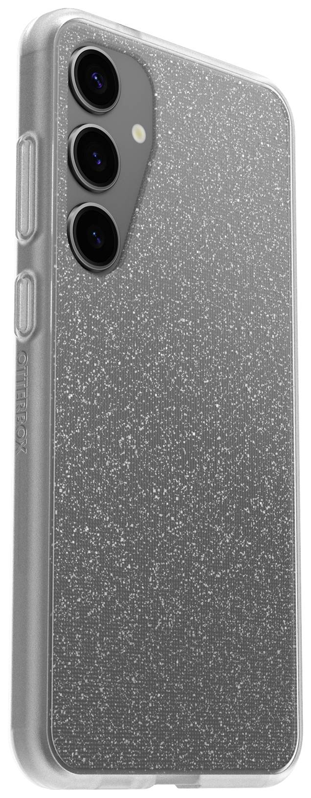 Przezroczyste etui na telefon z brokatowym efektem i trzema otworami na obiektywy.