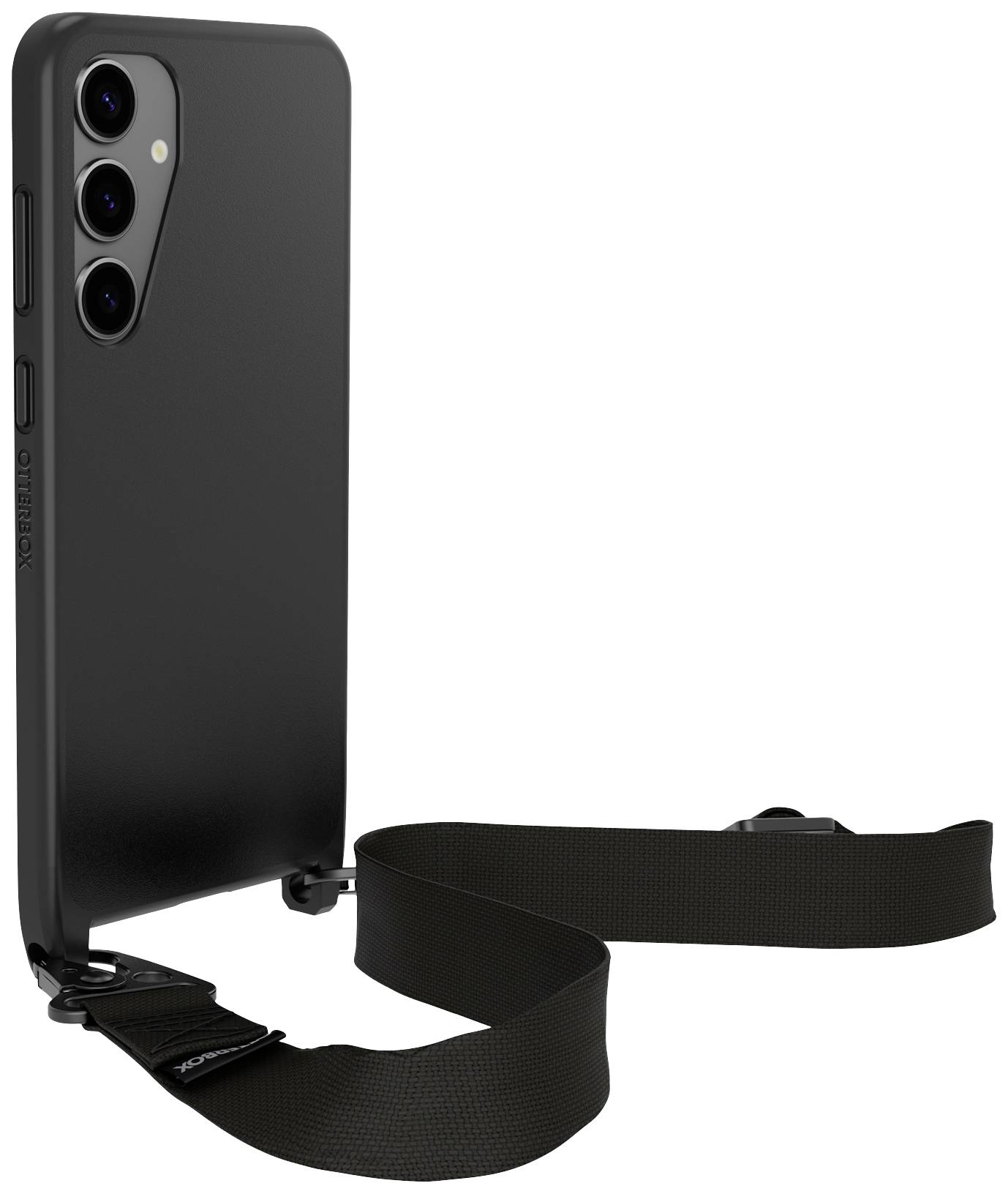 Czarny smartfon w etui z odpinаnym paskiem do noszenia. Wysokiej jakości, minimalistyczny design.