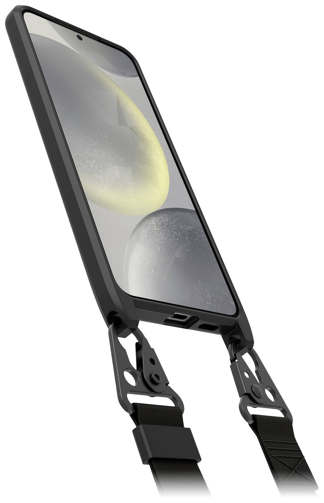 Smartfon w czarnym etui z paskiem do noszenia. Na ekranie rozmyte tło w odcieniach szarości i żółci.