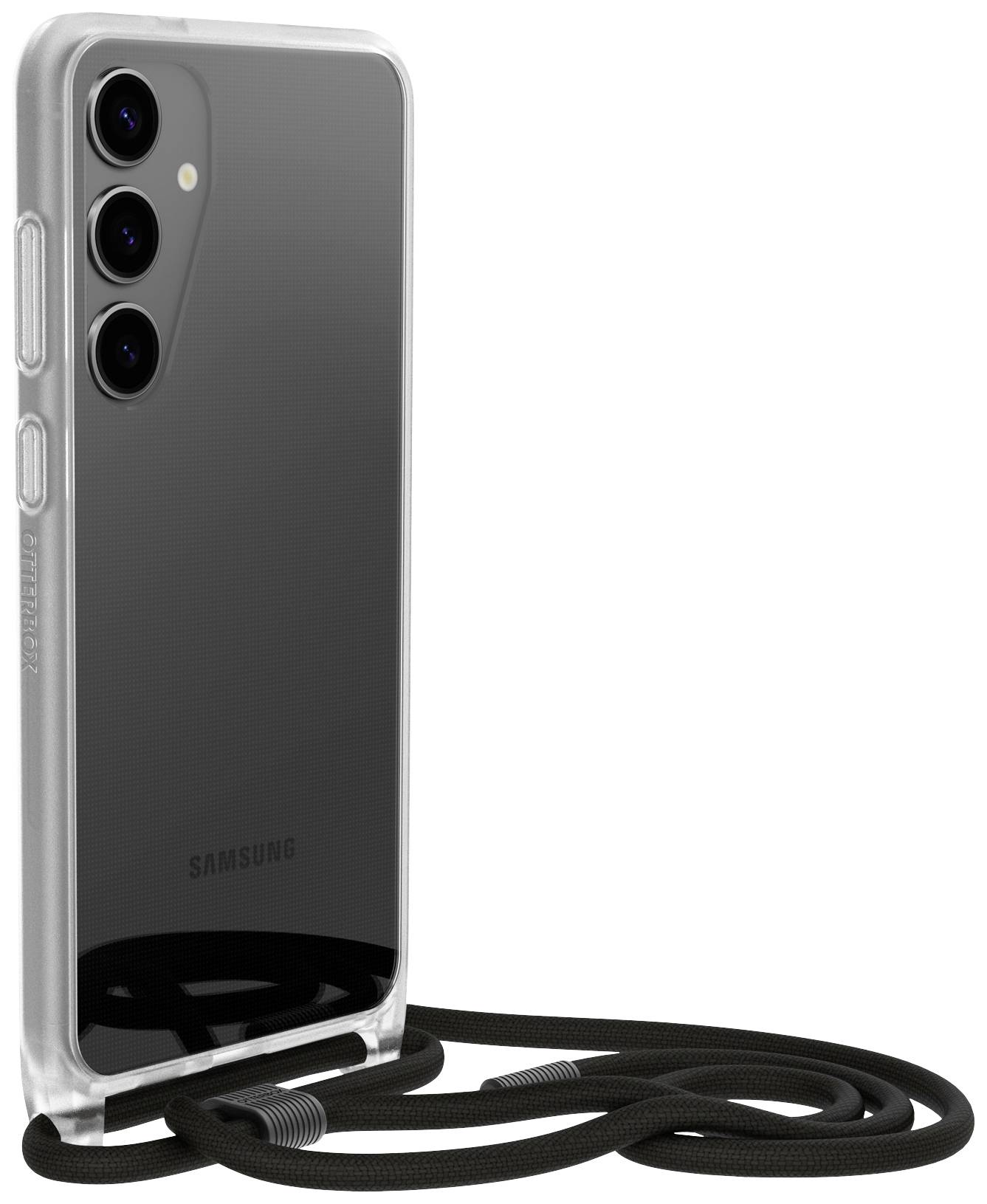 Telefon Samsung w przezroczystym etui z czarnym paskiem do noszenia, obiektywy aparatu dobrze widoczne, stoi na białej powierzchni.