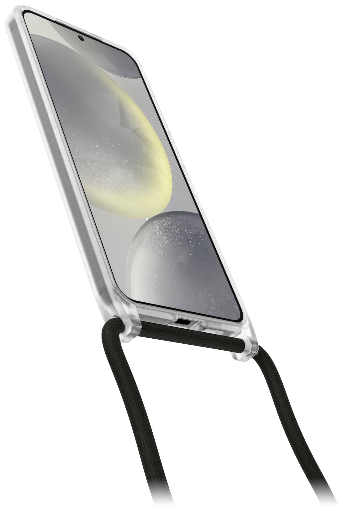 Smartfon z przezroczystym etui i smyczką, sfotografowany pod skosnym kątem z dołu. Na wyświetlaczu widać abstrakcyjny wzór.