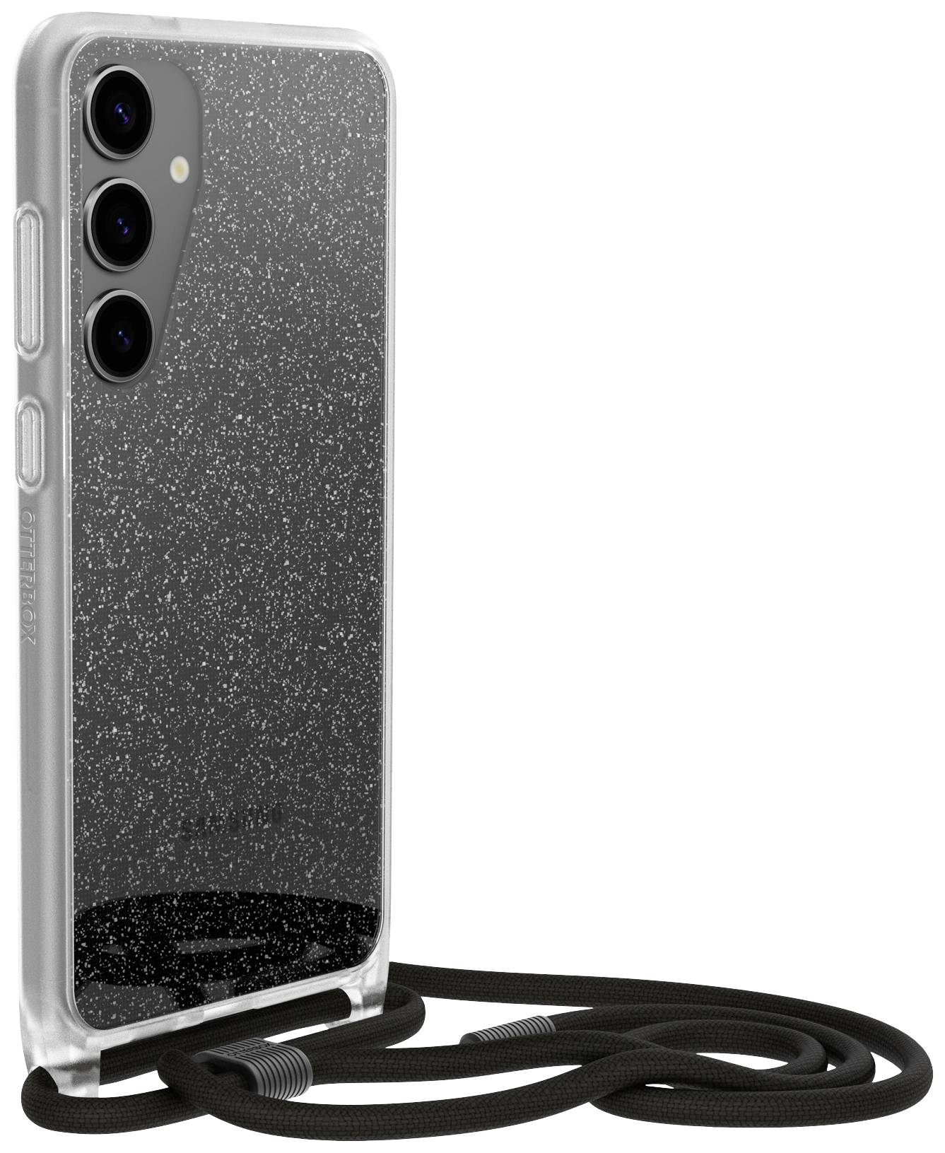 Smartfon z przezroczystą obudową i błyszczącym tyłem. Widoczne są trzy aparaty. Do obudowy przymocowana jest czarna sznureczka.