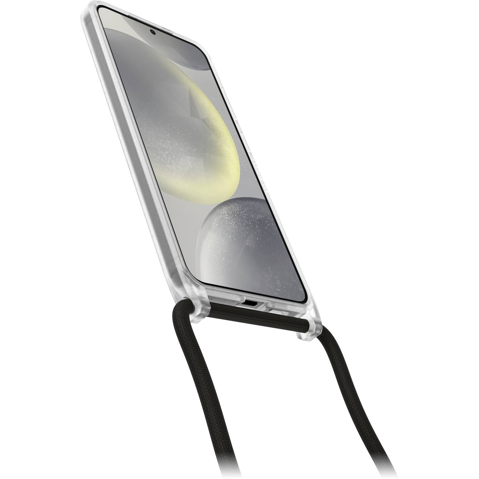 Smartfon w przezroczystym etui z czarnym paskiem do zawieszenia zwisa ukośnie. Na tle widać abstrakcyjne kształty.