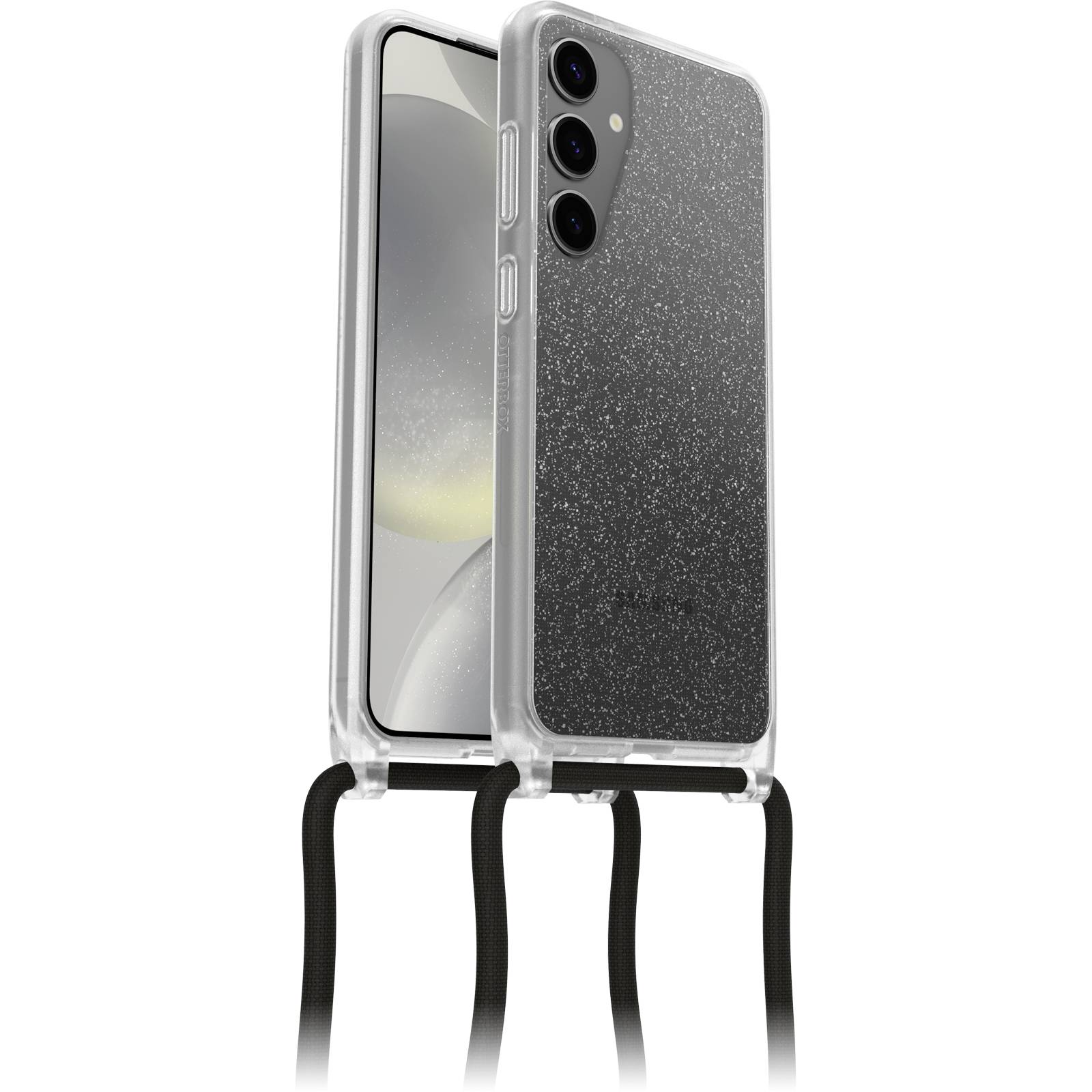 Smartfon w przezroczystej, brokatowej obudowie, wyposażonej w czarny pasek do zawieszenia. Obudowa posiada trzy wycięcia na obiektywy aparatu.