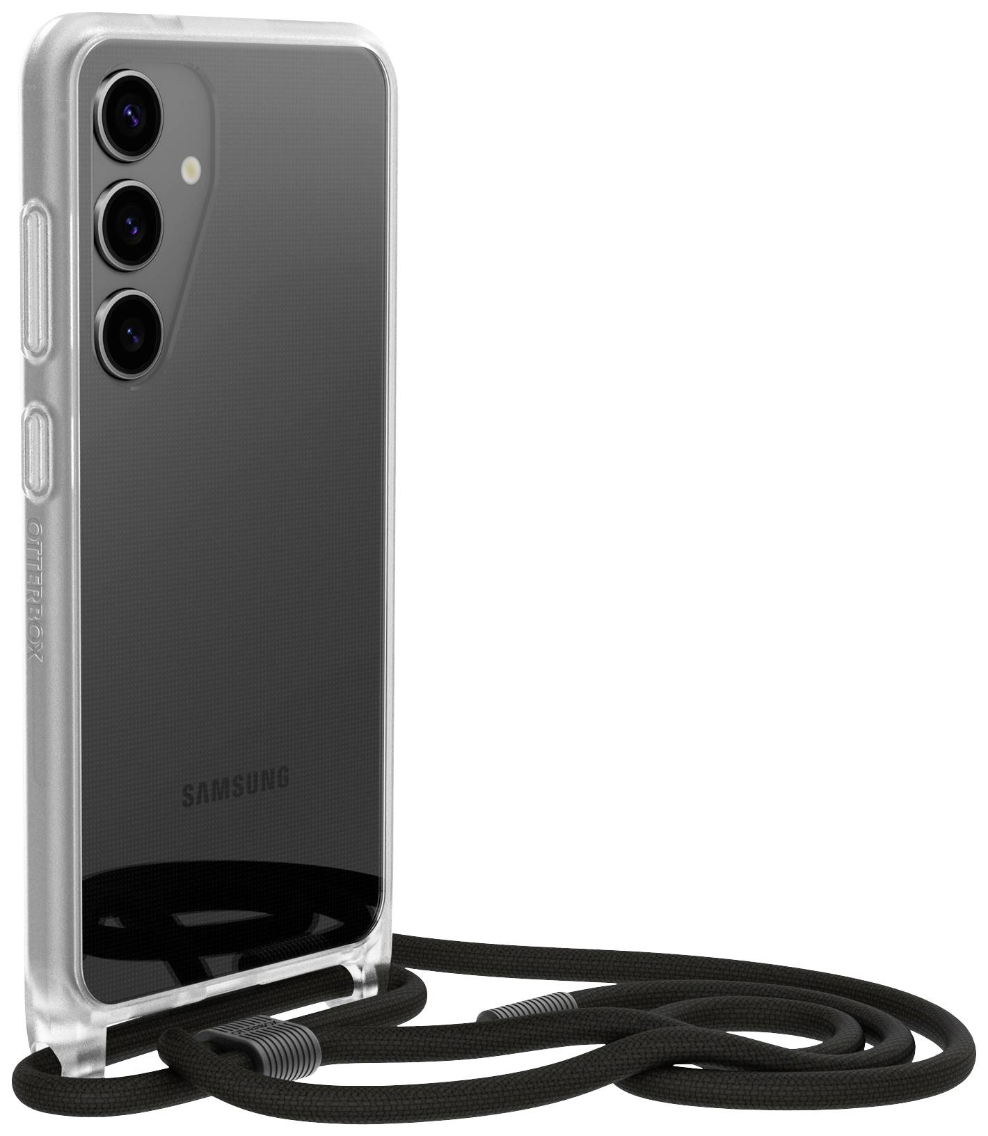 Czarny smartfon w przezroczystej obudowie z trzema obiektywami aparatu, stojący pionowo, połączony czarnym paskiem do noszenia.