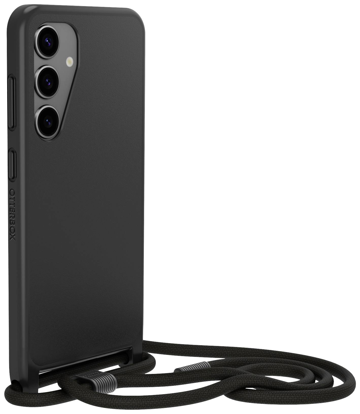 Czarny smartfon z potrójnym aparatem z tyłu, przymocowany do wytrzymałej obudowy czarnym paskiem.